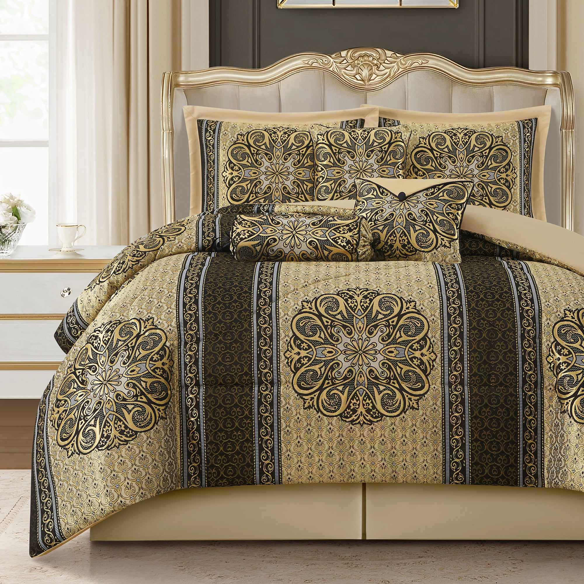 LANCO MODERN LIFESTYLE King Size Comforter Set, Black Gold Medallion Jacquard Design, Luxurious Bohemian 7 Pieces Bedding Set with Decorative Pillows and Bed Skirt