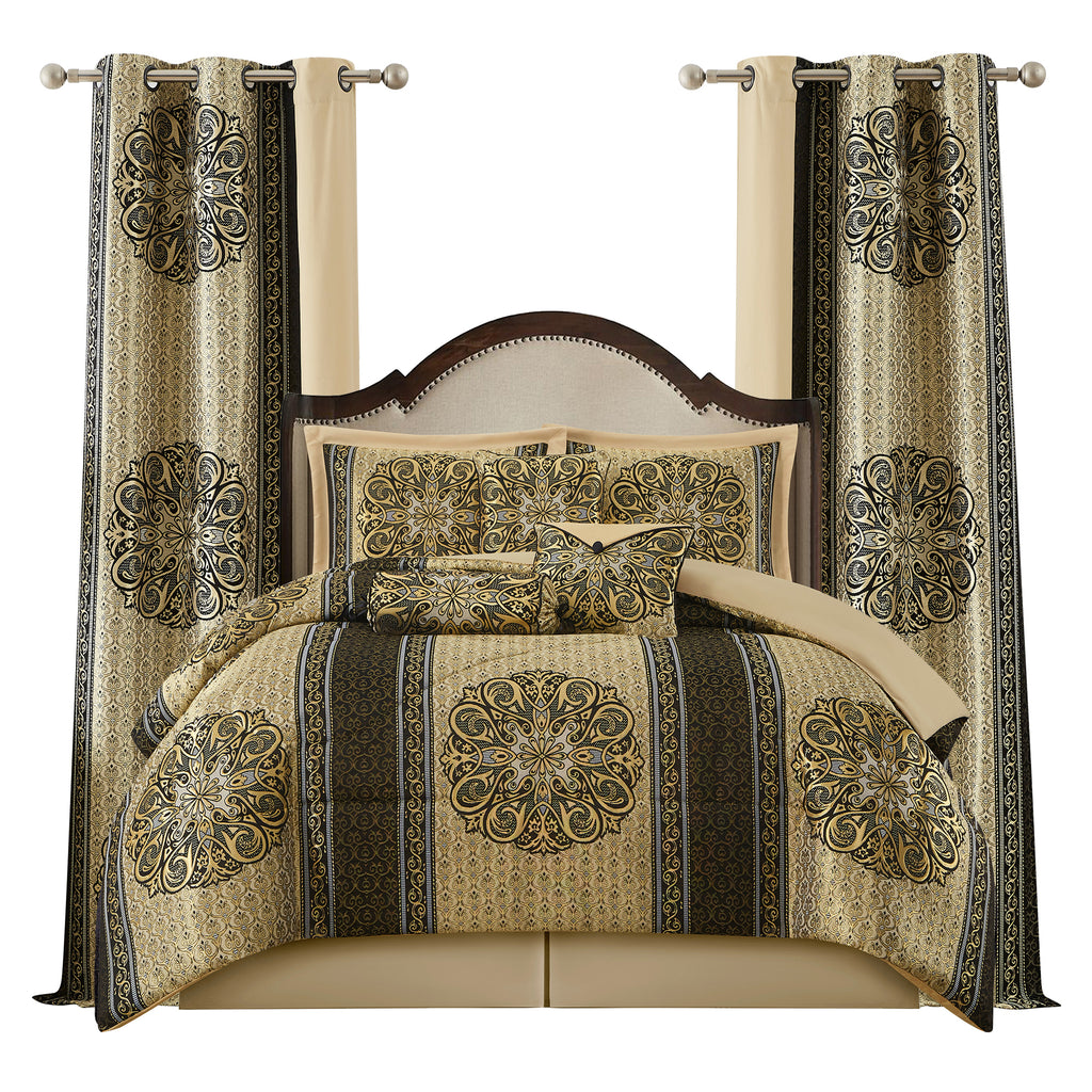 LANCO MODERN LIFESTYLE King Comforter Set, Black Gold Medallion Jacquard Design, Luxurious Bohemian 9 Pieces Bedding Set with Curtains, Decorative Pillows and Bed Skirt