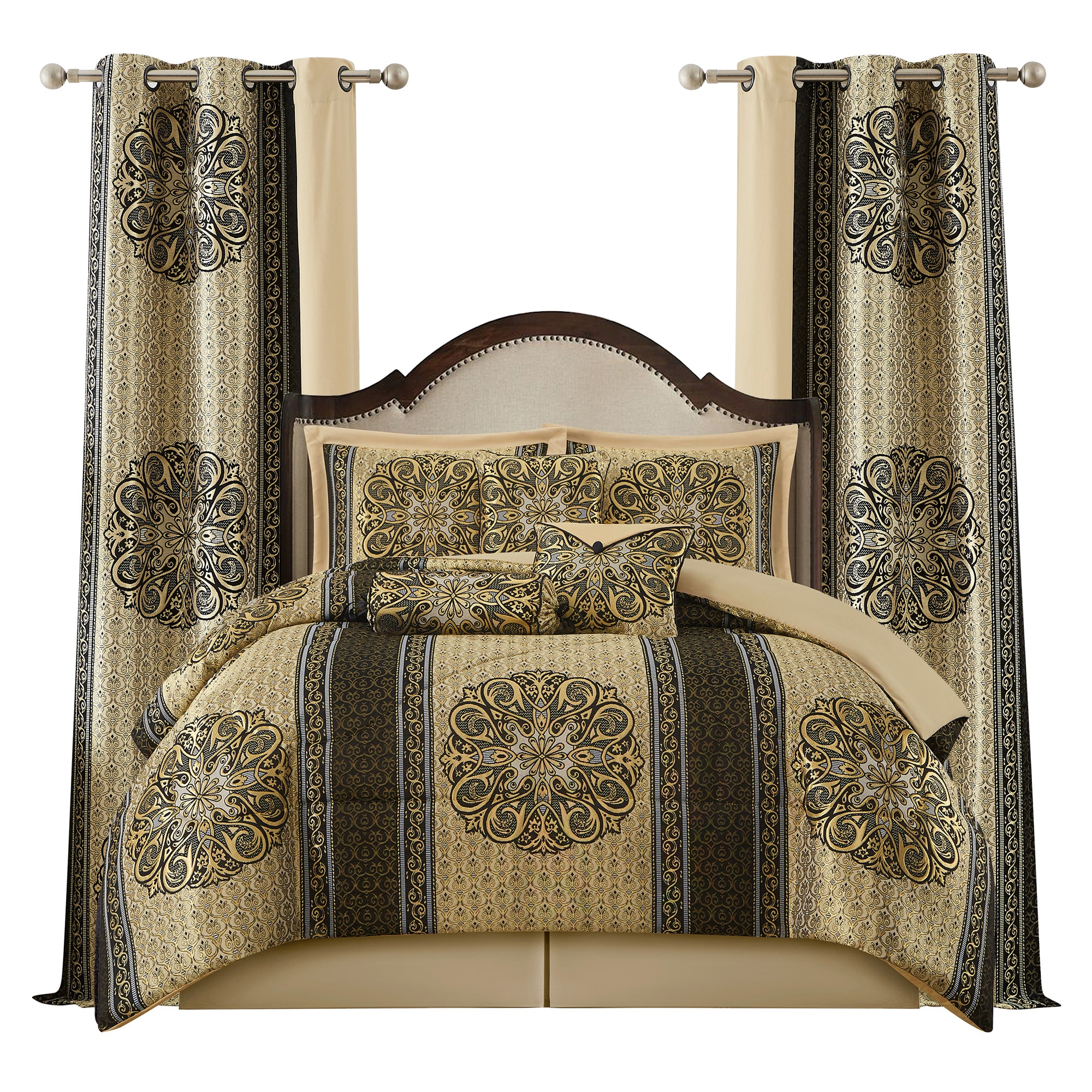 LANCO MODERN LIFESTYLE King Comforter Set, Black Gold Medallion Jacquard Design, Luxurious Bohemian 9 Pieces Bedding Set with Curtains, Decorative Pillows and Bed Skirt