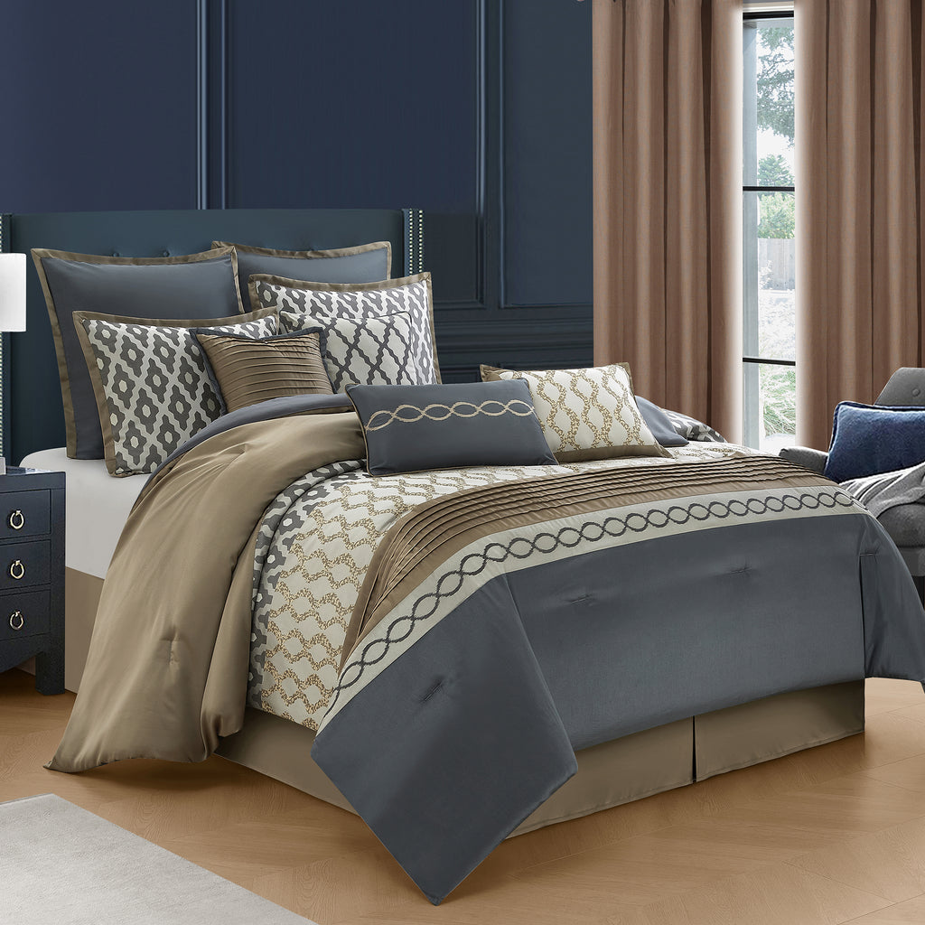 LANCO MODERN LIFESTYLE Comforter Set, Grey Brown, 12 Piece Room in a Bag All Seasons, Luxury Extreme Comfort Bedding Sets with Curtains, Bedskirt, Shams, Euro Shams and Decor Pillows