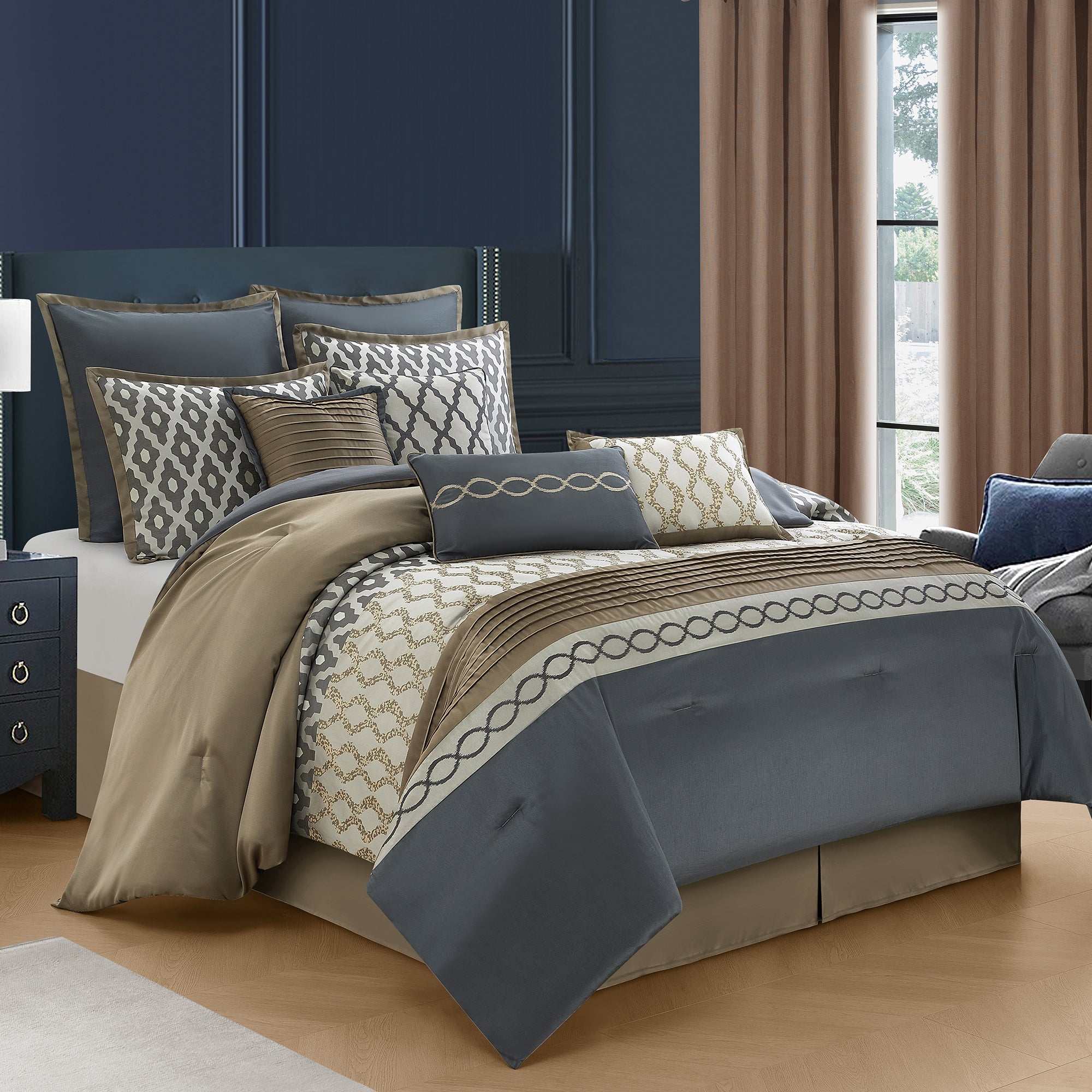 LANCO MODERN LIFESTYLE Comforter Set, Grey Brown, 12 Piece Room in a Bag All Seasons, Luxury Extreme Comfort Bedding Sets with Curtains, Bedskirt, Shams, Euro Shams and Decor Pillows