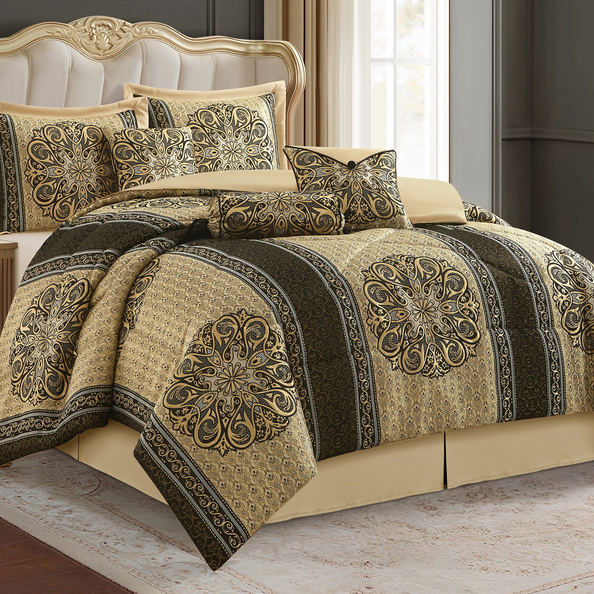 LANCO MODERN LIFESTYLE Myhand Comforter Set, Medallion Jacquard Design, Luxurious Bohemian 9 Pieces Bedding Set with Curtains, Decorative Pillows and Bed Skirt