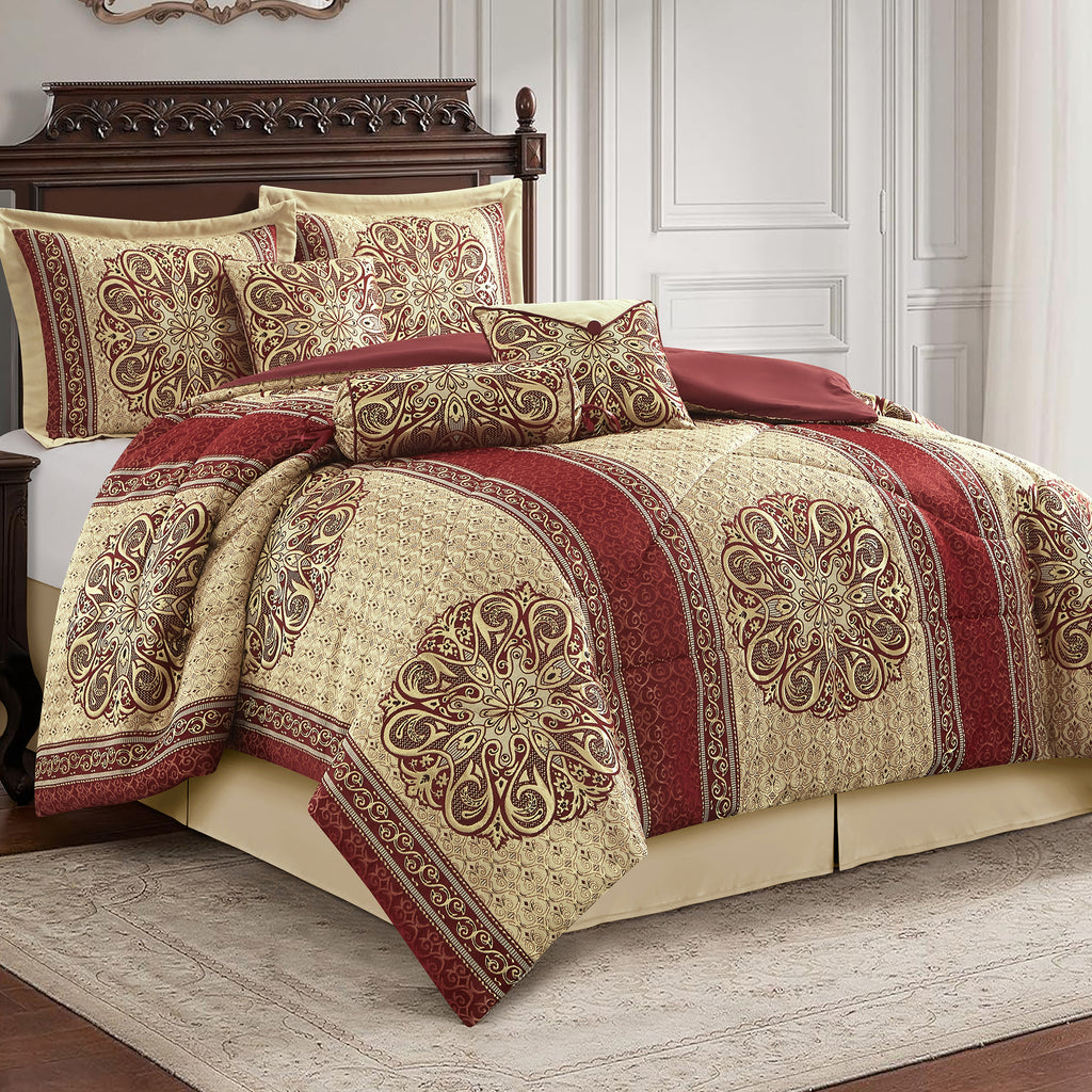 LANCO MODERN LIFESTYLE Myhand Comforter Set, Medallion Jacquard Design, Luxurious Bohemian Bedding Set with Curtains, Decorative Pillows and Bed Skirt