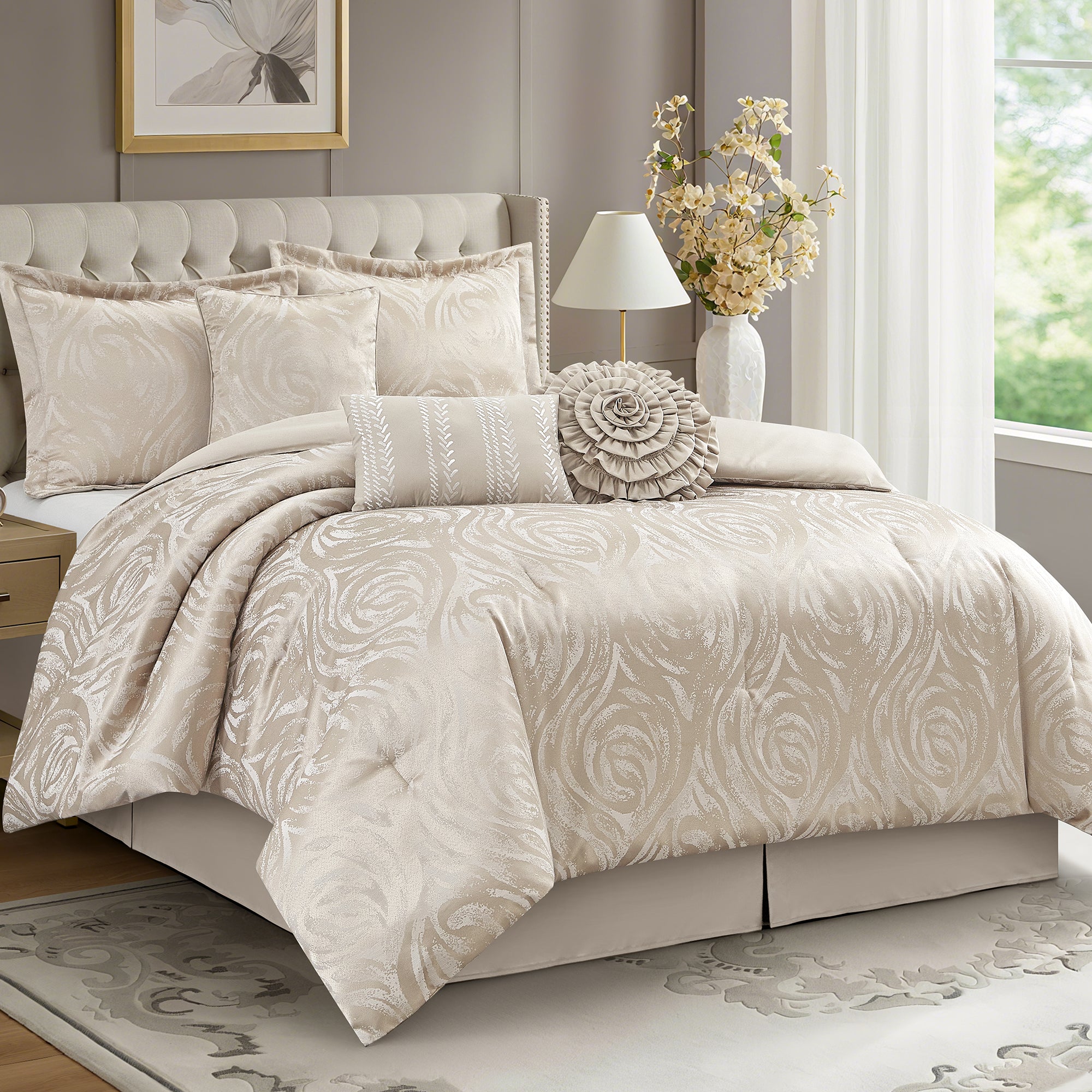 LANCO MODERN LIFESTYLE Alameda 7 Piece Comforter Set, Elegant Floral Jacquard, Ultra Soft Bed Set for All Seasons, Bed in a Bag with Comforter, Bed Skirt, Pillow Shams & Decor Pillows