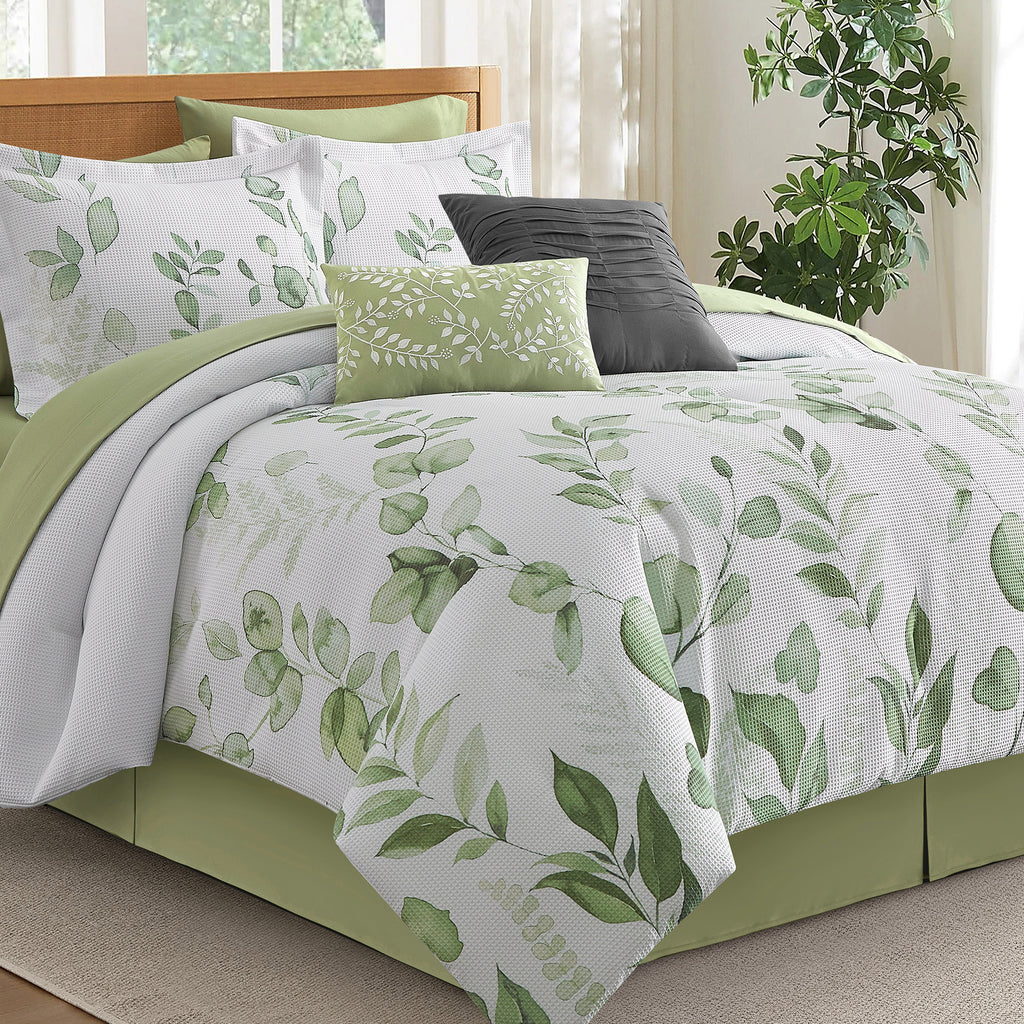 LANCO MODERN LIFESTYLE White Green Leaf Print 10 Piece Comforter Set