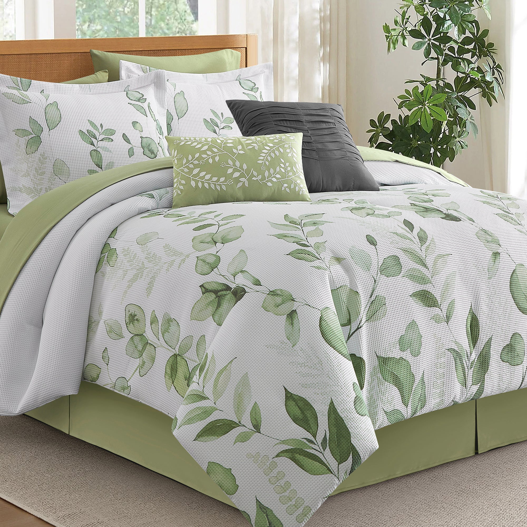 LANCO MODERN LIFESTYLE White Green Leaf Print 10 Piece Comforter Set