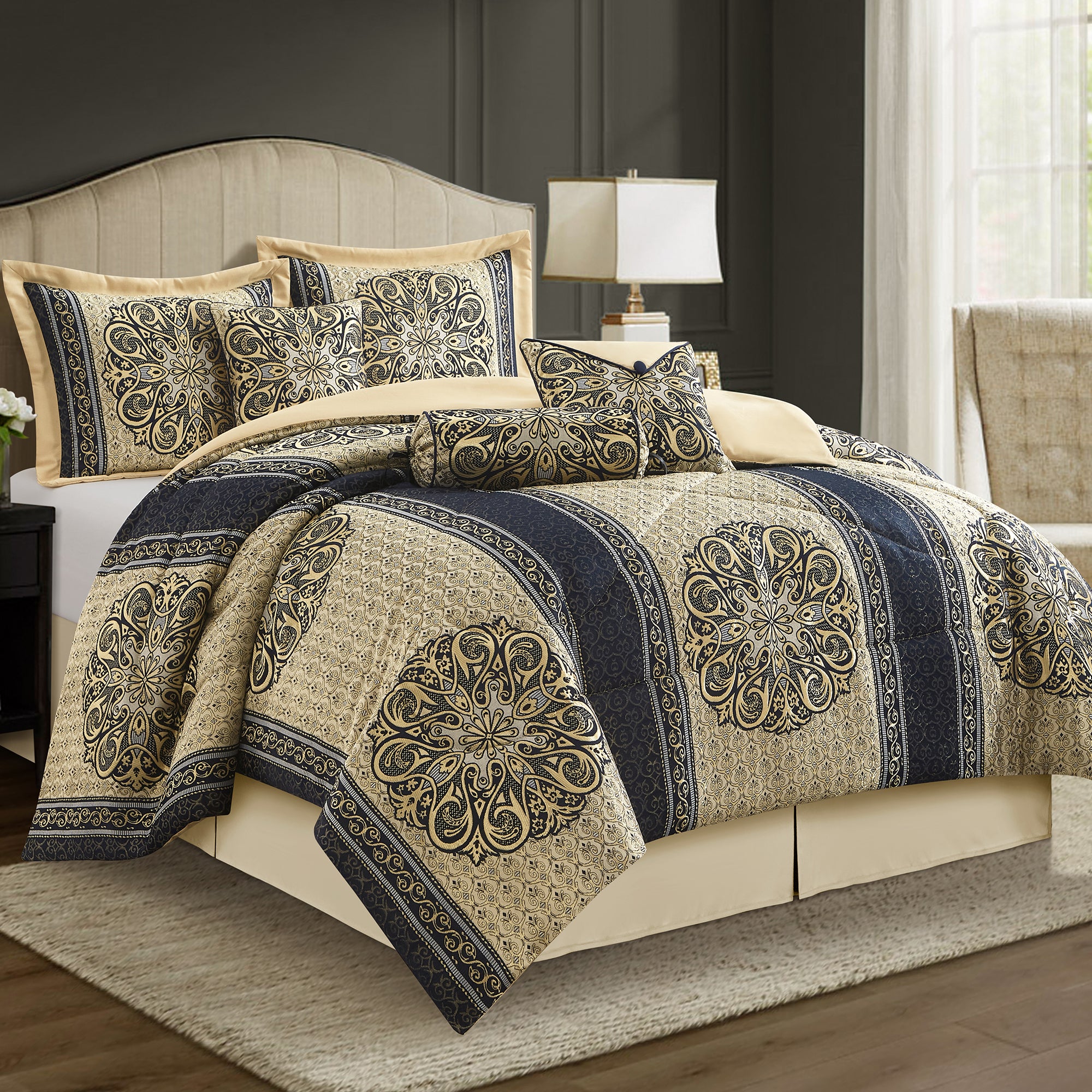 LANCO MODERN LIFESTYLE Myhand Comforter Set, Medallion Jacquard Design, Luxurious Bohemian 9 Pieces Bedding Set with Curtains, Decorative Pillows and Bed Skirt