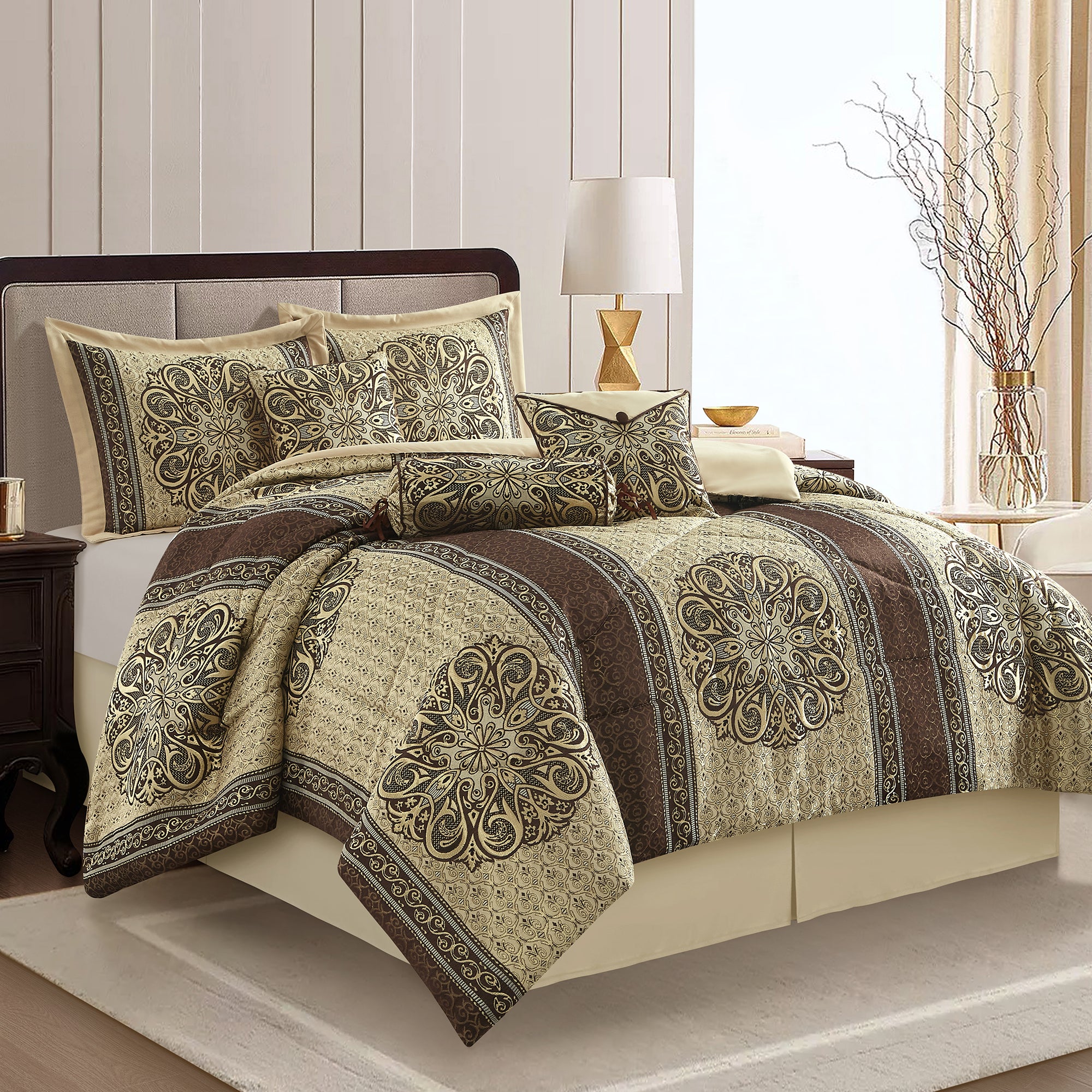 LANCO MODERN LIFESTYLE Myhand Comforter Set, Medallion Jacquard Design, Luxurious Bohemian 9 Pieces Bedding Set with Curtains, Decorative Pillows and Bed Skirt