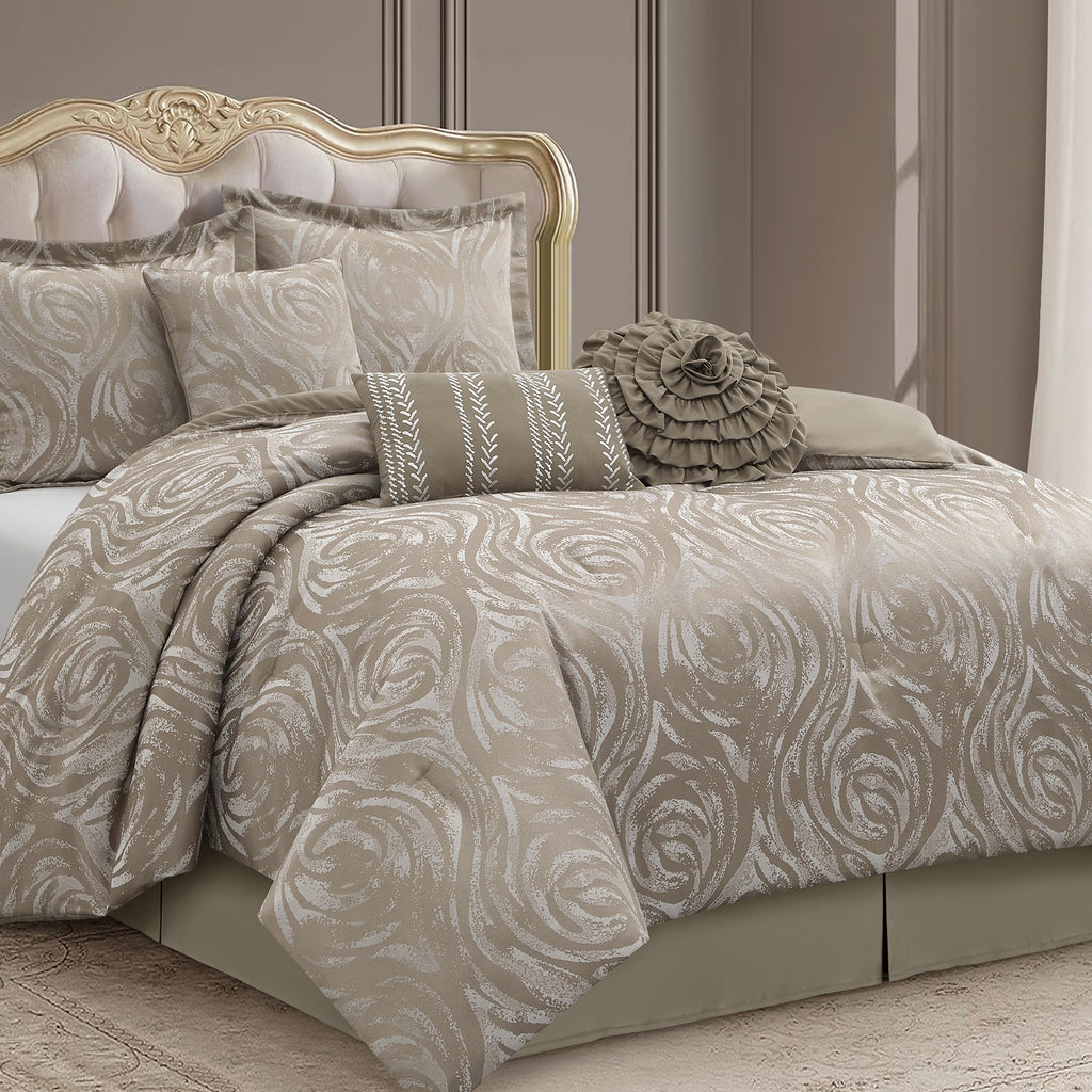 LANCO MODERN LIFESTYLE Alameda 7 Piece Comforter Set, Elegant Floral Jacquard, Ultra Soft Bed Set for All Seasons, Bed in a Bag with Comforter, Bed Skirt, Pillow Shams & Decor Pillows