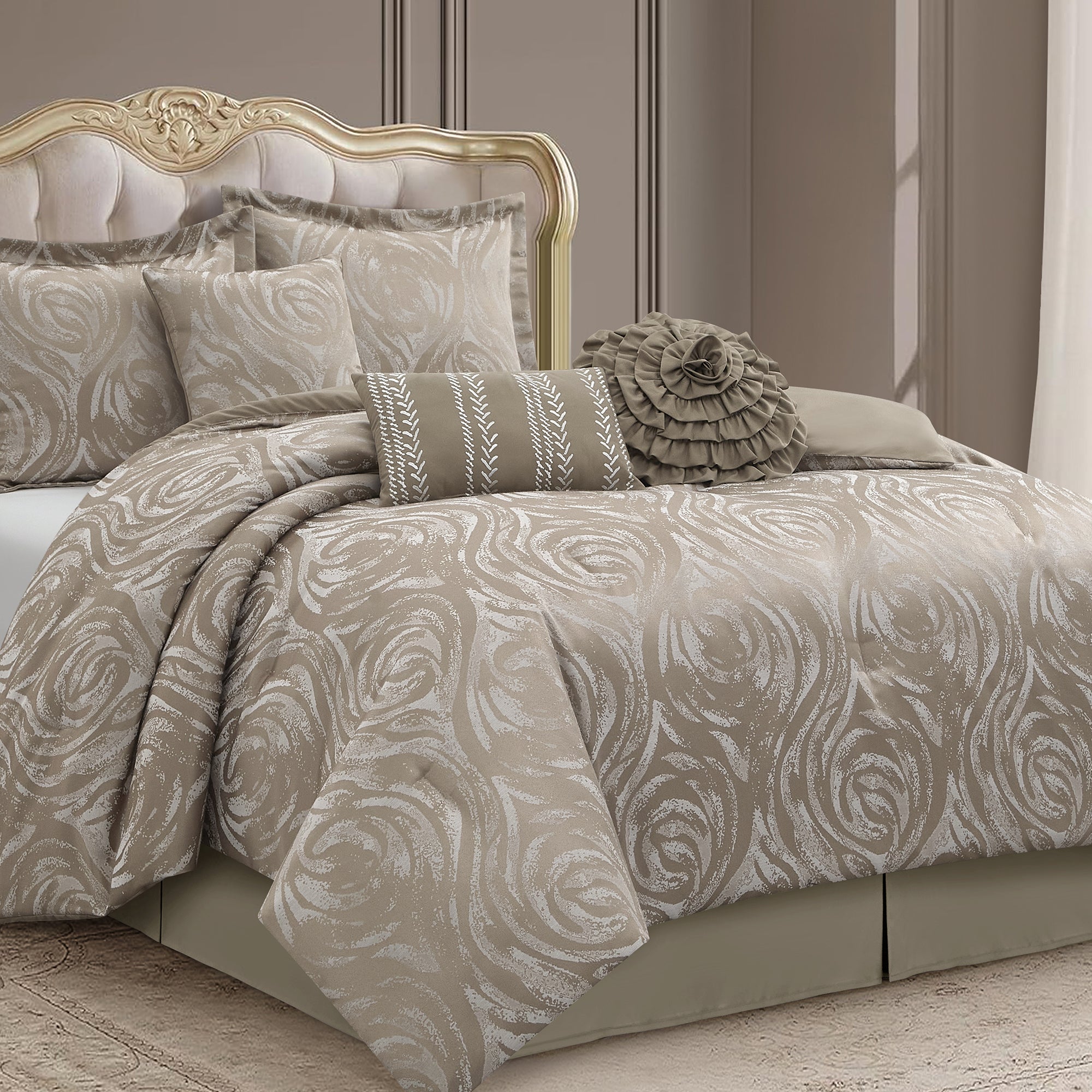LANCO MODERN LIFESTYLE Alameda 7 Piece Comforter Set, Elegant Floral Jacquard, Ultra Soft Bed Set for All Seasons, Bed in a Bag with Comforter, Bed Skirt, Pillow Shams & Decor Pillows