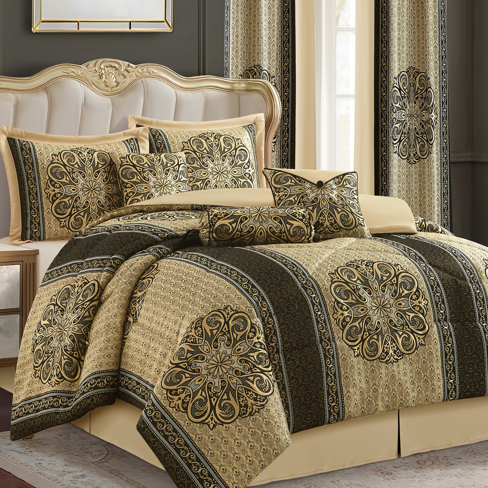 LANCO MODERN LIFESTYLE King Comforter Set, Black Gold Medallion Jacquard Design, Luxurious Bohemian 9 Pieces Bedding Set with Curtains, Decorative Pillows and Bed Skirt