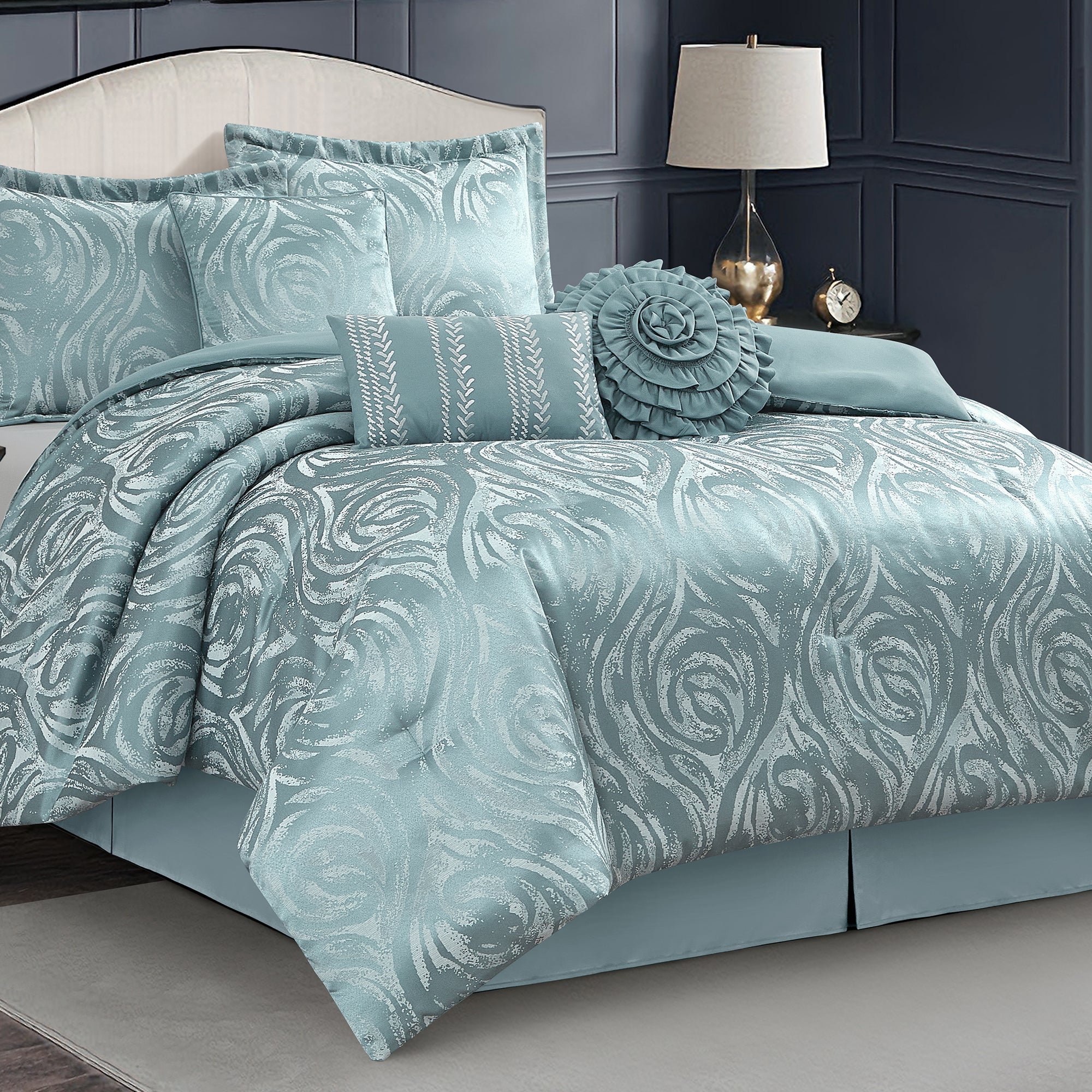 LANCO MODERN LIFESTYLE Alameda 7 Piece Comforter Set, Elegant Floral Jacquard, Ultra Soft Bed Set for All Seasons, Bed in a Bag with Comforter, Bed Skirt, Pillow Shams & Decor Pillows