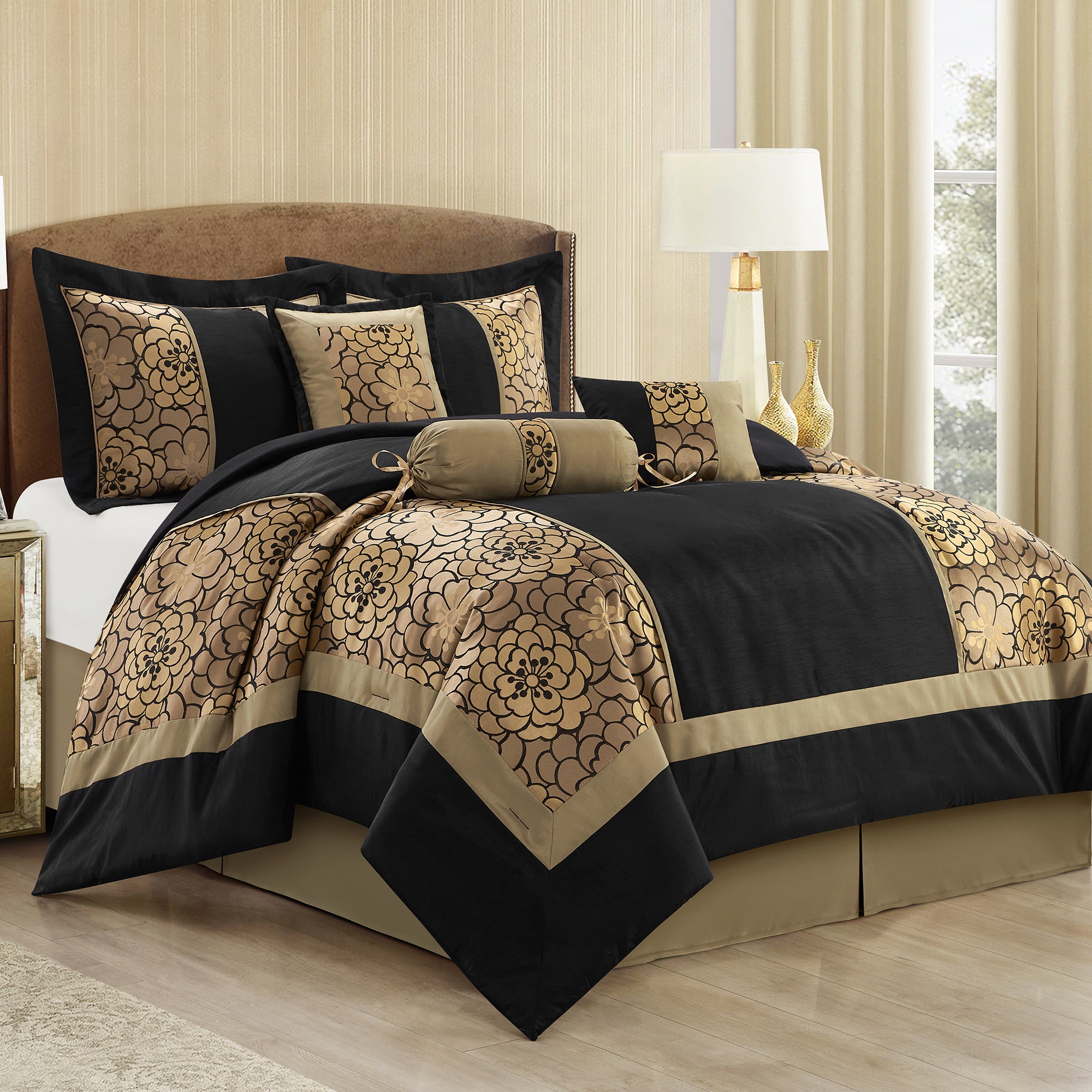 LANCO MODERN LIFESTYLE 9 Piece Comforter Set, Black Gold, Elegant Floral Jacquard, Stylish and Cozy Bedding Collection, Premium Bedding Set with Curtains, Bedskirt, Shams and Pillows