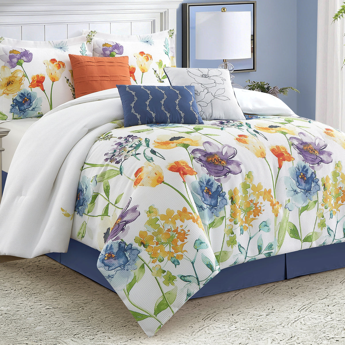 7 Pieces Comforter Set, Multi Watercolor Florals on White, Printed Waffle with Solid Microfiber Piecework, Bed in a Bag, Bedskirt, Pillow Shams and Decor Pillows