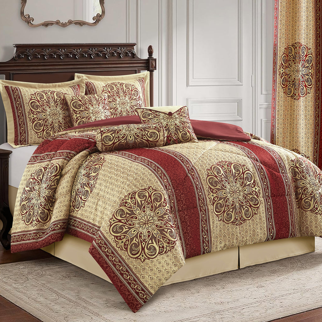 LANCO MODERN LIFESTYLE King Comforter Set, Wine Gold Medallion Jacquard Design, Luxurious Bohemian 9 Pieces Bedding Set with Curtains, Decorative Pillows and Bed Skirt