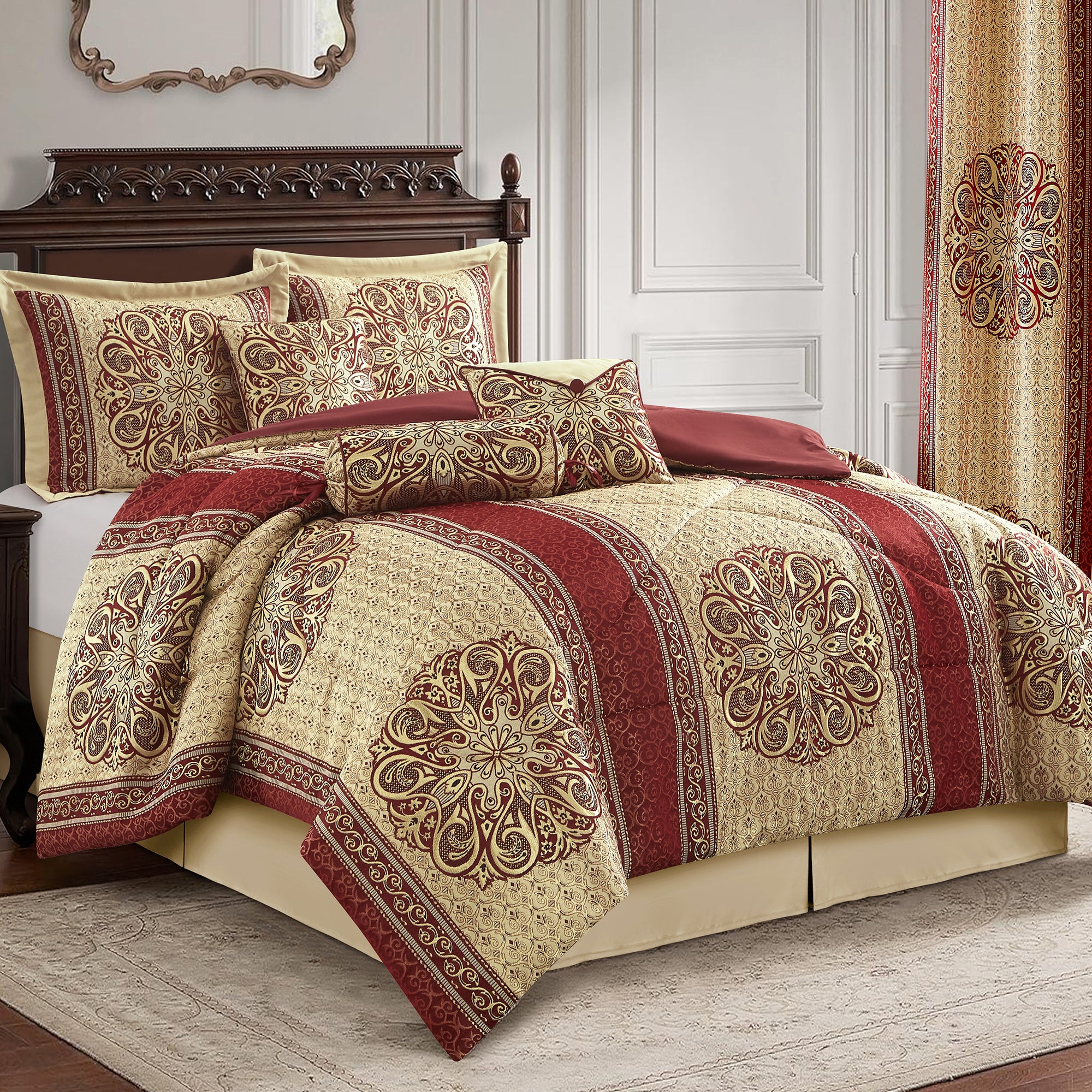 LANCO MODERN LIFESTYLE King Comforter Set, Wine Gold Medallion Jacquard Design, Luxurious Bohemian 9 Pieces Bedding Set with Curtains, Decorative Pillows and Bed Skirt