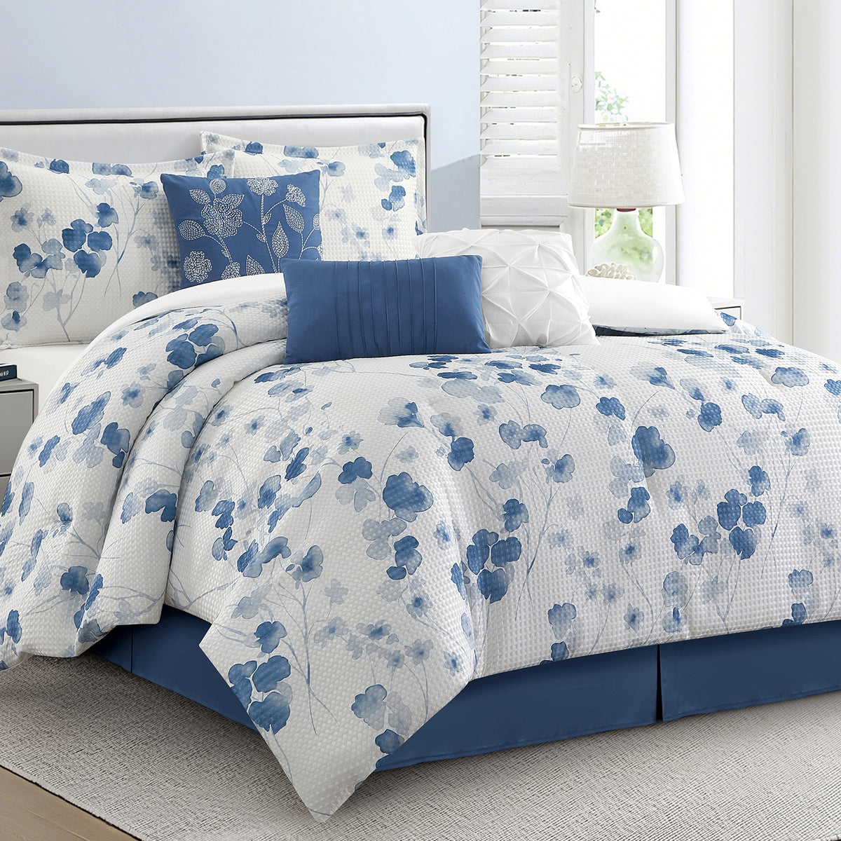 LANCO MODERN LIFESTYLE 7 Pieces Comforter Set, Blue Watercolor Florals on White, Printed Waffle with Solid Microfiber Piecework, Bed in a Bag, Bedskirt, Pillow Shams and Decor Pillows