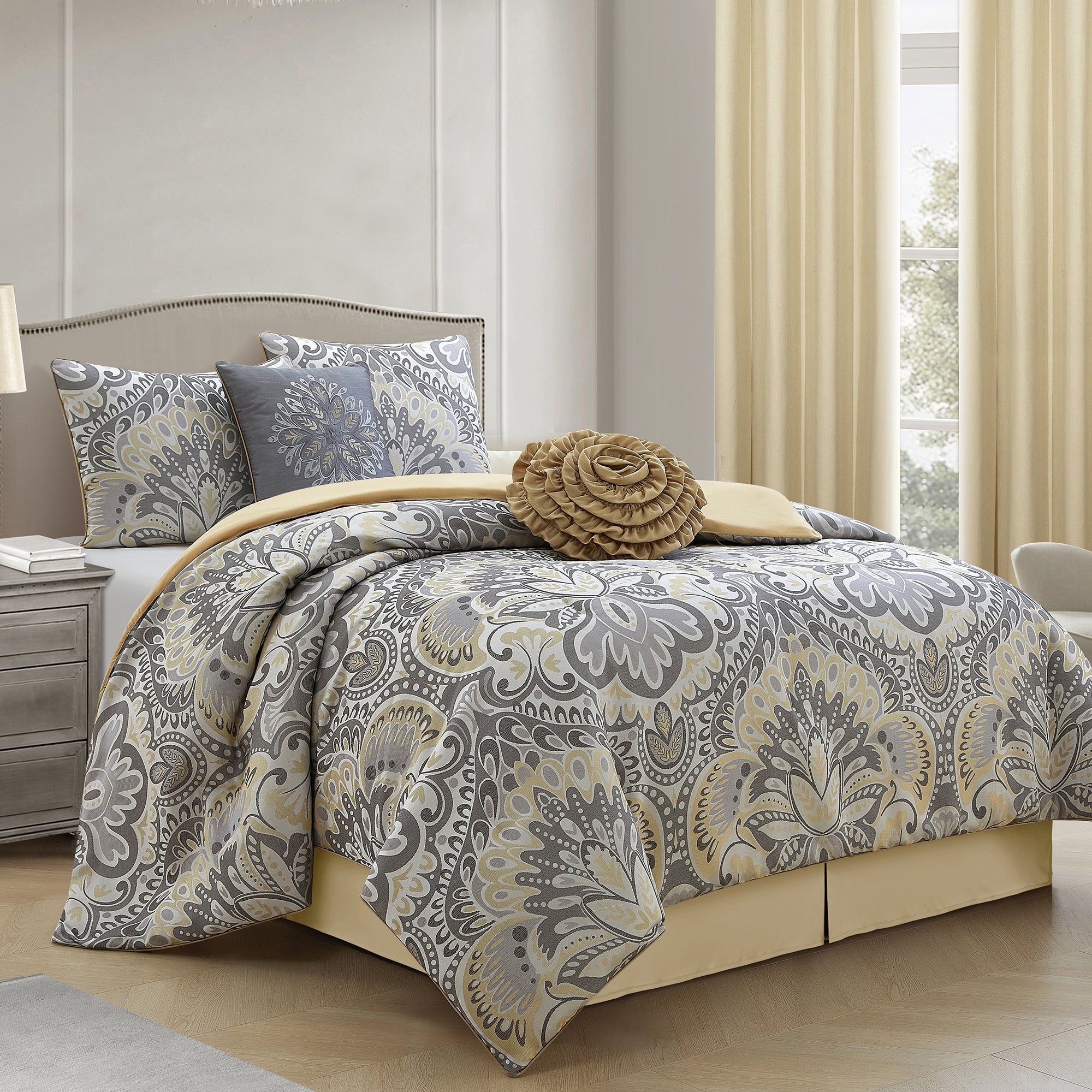 LANCO MODERN LIFESTYLE Grey Yellow 8 Piece Comforter Set, Elegant Floral Jacquard, Ultra Soft Bed Set for All Seasons, Room in a Bag, Include Curtains, Bed Skirt, Pillow Shams & Decor Pillows