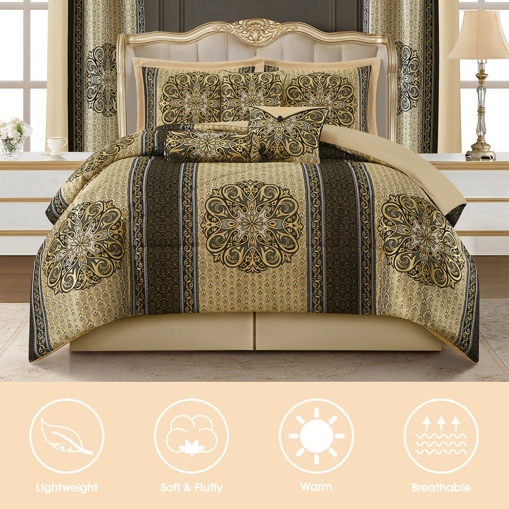 LANCO MODERN LIFESTYLE King Comforter Set, Black Gold Medallion Jacquard Design, Luxurious Bohemian 9 Pieces Bedding Set with Curtains, Decorative Pillows and Bed Skirt