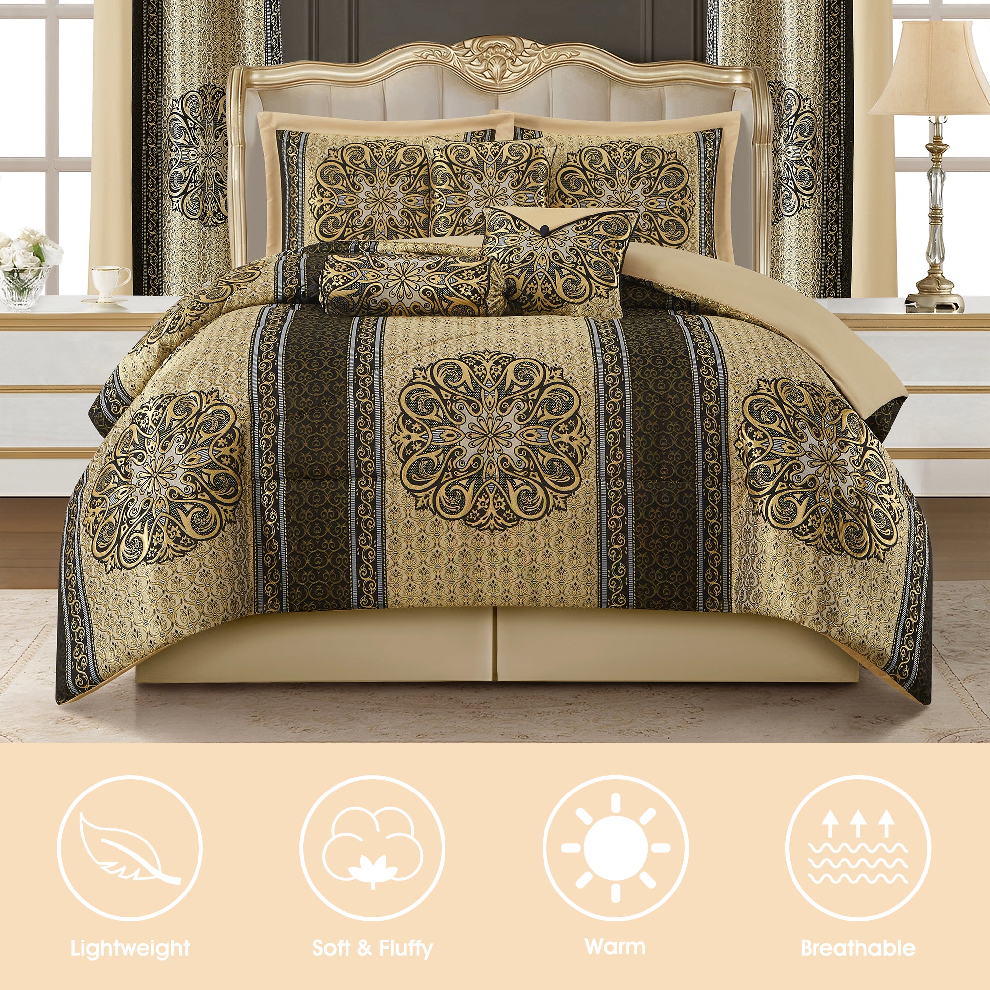LANCO MODERN LIFESTYLE King Comforter Set, Black Gold Medallion Jacquard Design, Luxurious Bohemian 9 Pieces Bedding Set with Curtains, Decorative Pillows and Bed Skirt