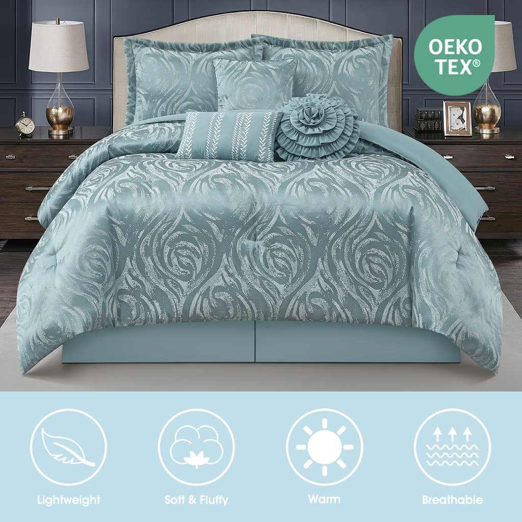 LANCO MODERN LIFESTYLE Alameda 7 Piece Comforter Set, Elegant Floral Jacquard, Ultra Soft Bed Set for All Seasons, Bed in a Bag with Comforter, Bed Skirt, Pillow Shams & Decor Pillows