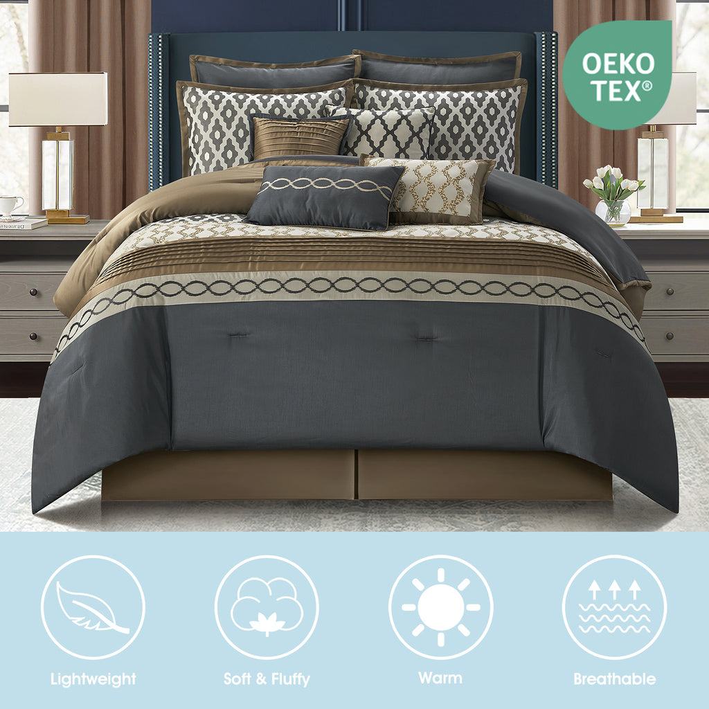 LANCO MODERN LIFESTYLE Comforter Set, Grey Brown, 12 Piece Room in a Bag All Seasons, Luxury Extreme Comfort Bedding Sets with Curtains, Bedskirt, Shams, Euro Shams and Decor Pillows