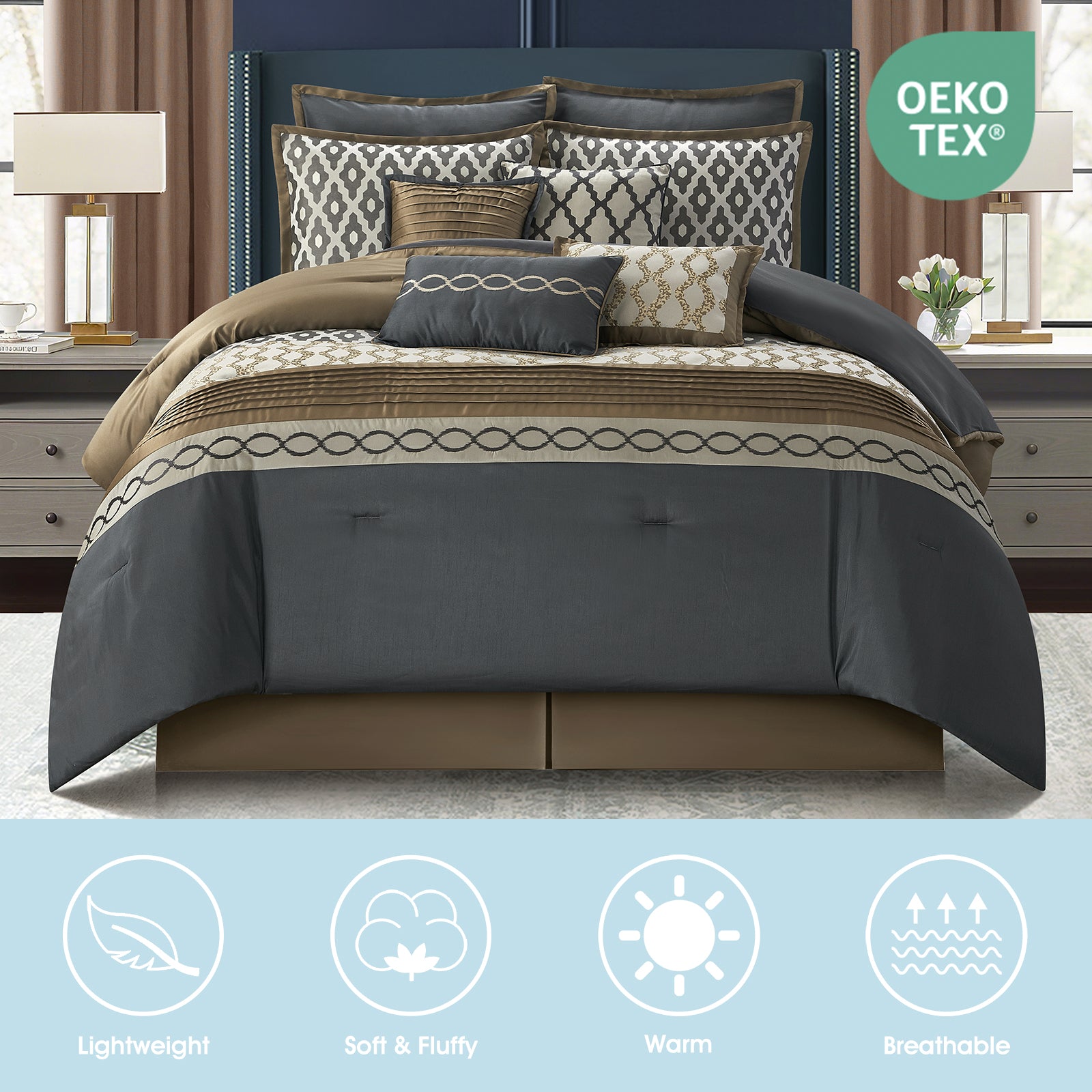 LANCO MODERN LIFESTYLE Comforter Set, Grey Brown, 12 Piece Room in a Bag All Seasons, Luxury Extreme Comfort Bedding Sets with Curtains, Bedskirt, Shams, Euro Shams and Decor Pillows