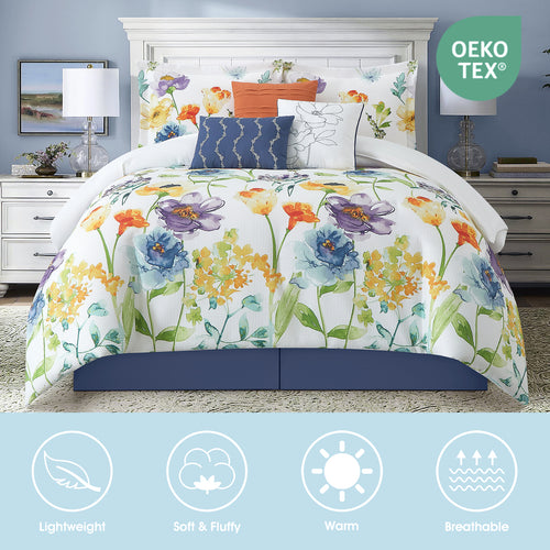 7 Pieces Comforter Set, Multi Watercolor Florals on White, Printed Waffle with Solid Microfiber Piecework, Bed in a Bag, Bedskirt, Pillow Shams and Decor Pillows