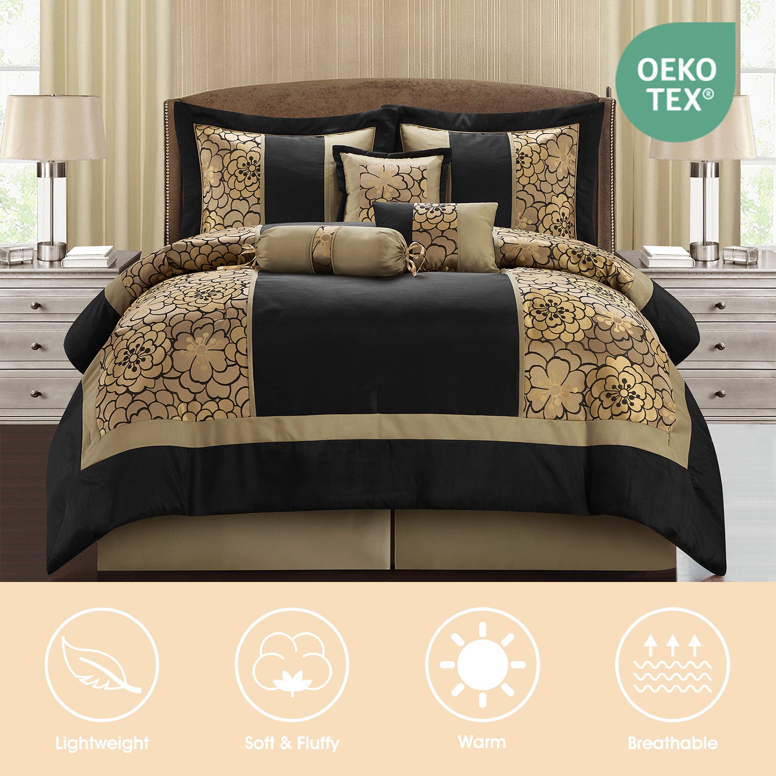 LANCO MODERN LIFESTYLE 9 Piece Comforter Set, Black Gold, Elegant Floral Jacquard, Stylish and Cozy Bedding Collection, Premium Bedding Set with Curtains, Bedskirt, Shams and Pillows