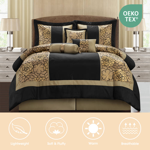LANCO MODERN LIFESTYLE 9 Piece Comforter Set, Black Gold, Elegant Floral Jacquard, Stylish and Cozy Bedding Collection, Premium Bedding Set with Curtains, Bedskirt, Shams and Pillows