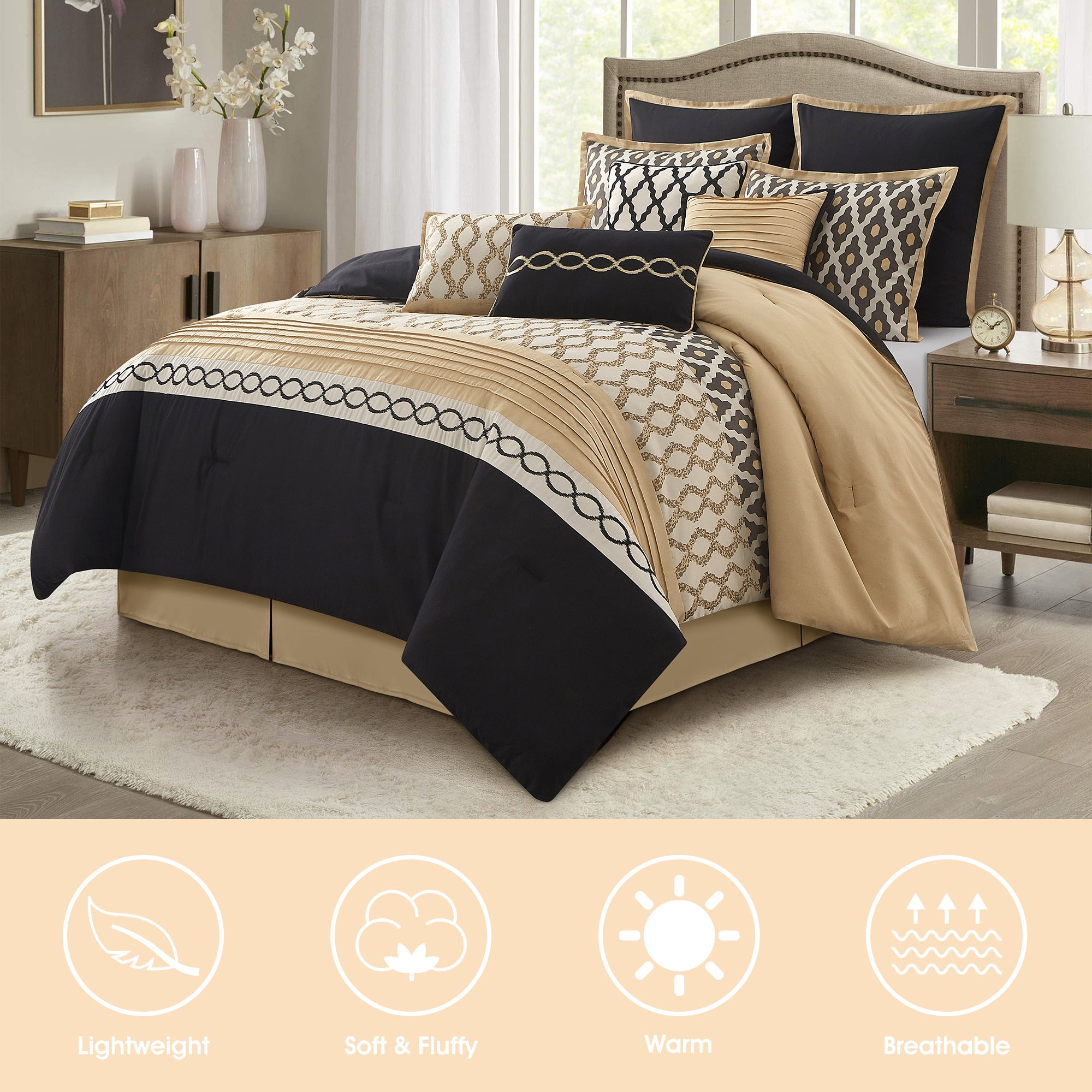 LANCO MODERN LIFESTYLE Queen Comforter Set, Black Gold, 10 Piece Bed in a Bag for All Seasons, Luxury Extreme Comfort Bedding Sets with Bedskirt, Pillow Shams, Euro Shams and Decor Pillows