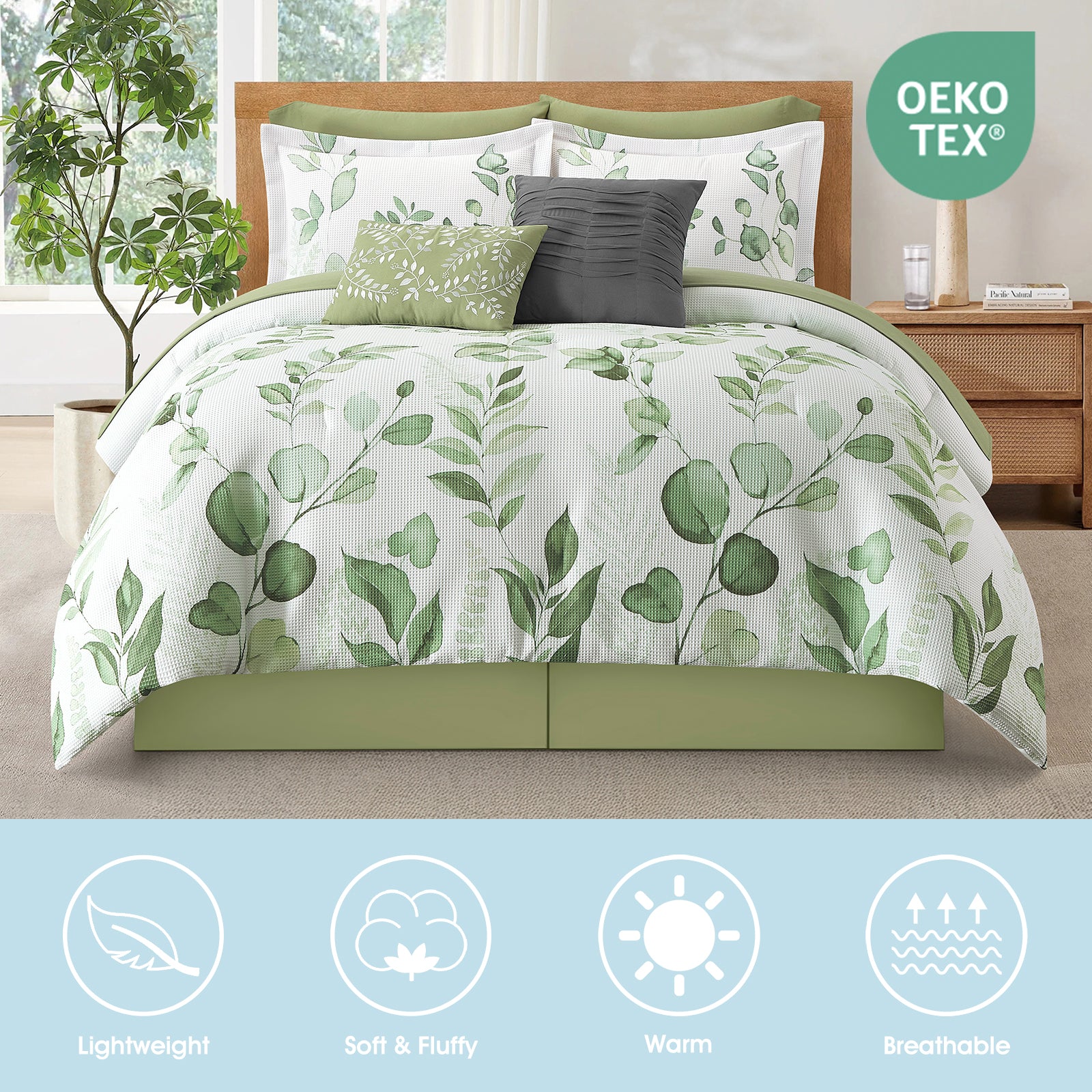 LANCO MODERN LIFESTYLE White Green Leaf Print 10 Piece Comforter Set