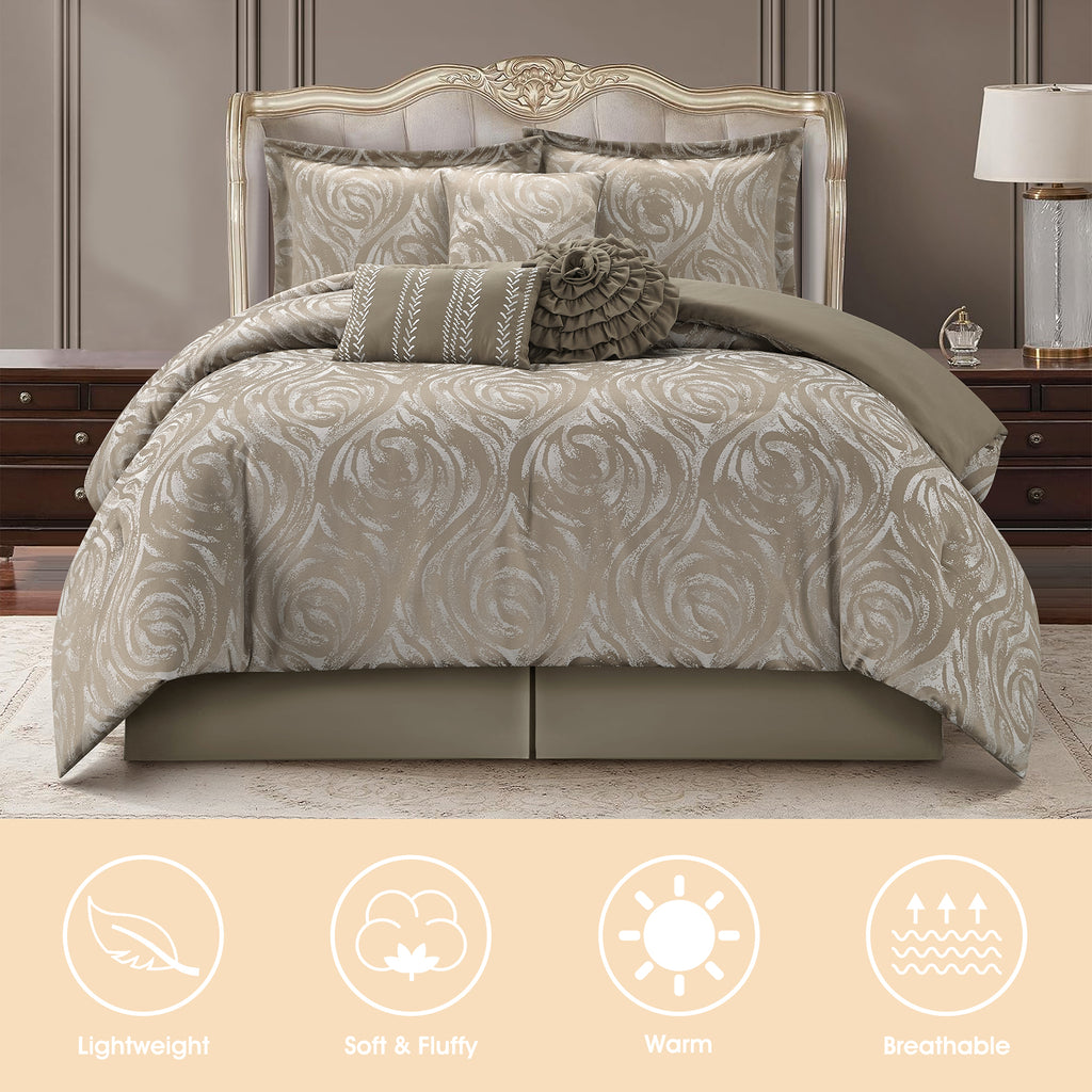 LANCO MODERN LIFESTYLE Alameda 7 Piece Comforter Set, Elegant Floral Jacquard, Ultra Soft Bed Set for All Seasons, Bed in a Bag with Comforter, Bed Skirt, Pillow Shams & Decor Pillows