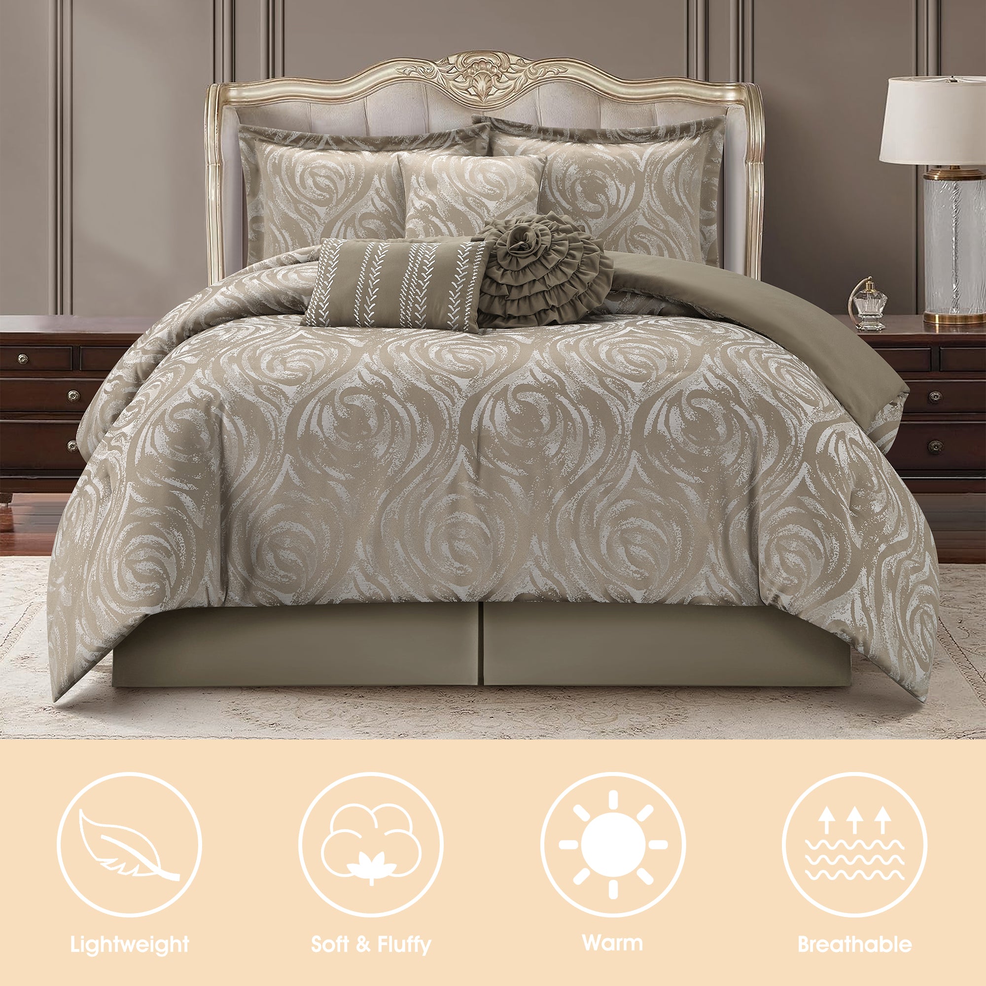 LANCO MODERN LIFESTYLE Alameda 7 Piece Comforter Set, Elegant Floral Jacquard, Ultra Soft Bed Set for All Seasons, Bed in a Bag with Comforter, Bed Skirt, Pillow Shams & Decor Pillows