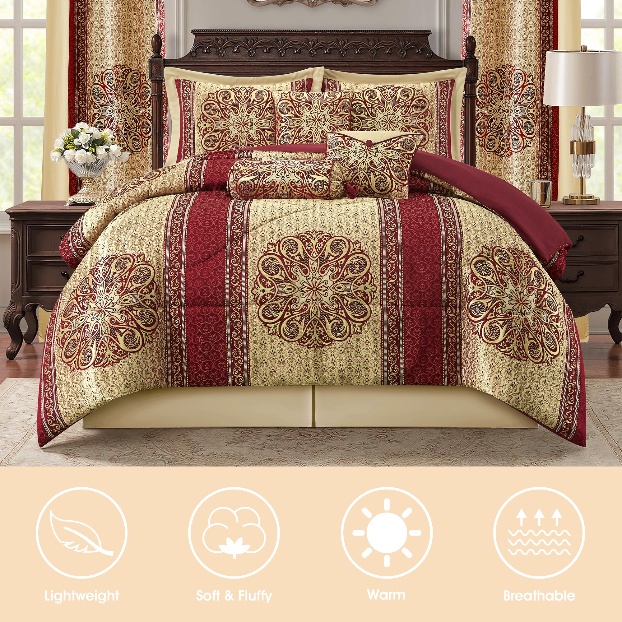 LANCO MODERN LIFESTYLE King Comforter Set, Wine Gold Medallion Jacquard Design, Luxurious Bohemian 9 Pieces Bedding Set with Curtains, Decorative Pillows and Bed Skirt