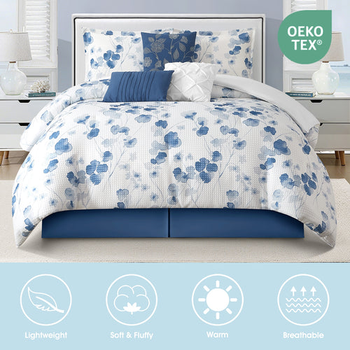 LANCO MODERN LIFESTYLE 7 Pieces Comforter Set, Blue Watercolor Florals on White, Printed Waffle with Solid Microfiber Piecework, Bed in a Bag, Bedskirt, Pillow Shams and Decor Pillows