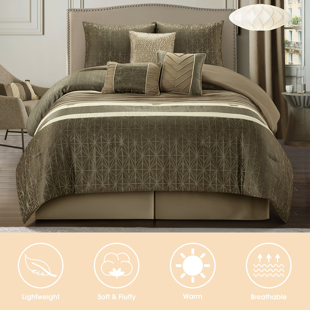 LANCO MODERN LIFESTYLE Comforter Set, Taupe, Geometric Jacquard with Solid Patchwork, 9 Piece Luxury Bed Set with Comforter, Pillow Shams, Bed Skirt, Decor Pillows and Curtains