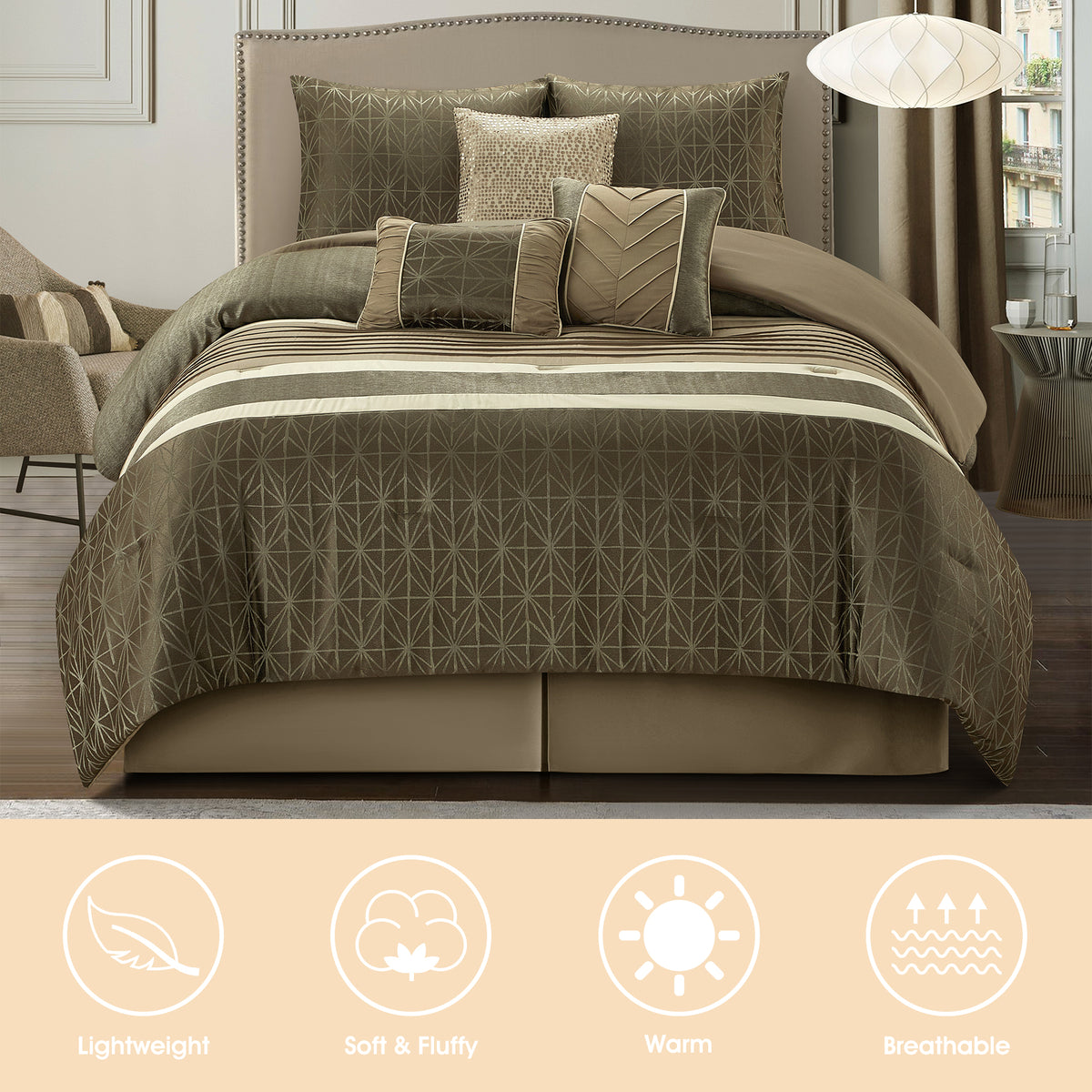 LANCO MODERN LIFESTYLE Comforter Set, Taupe, Geometric Jacquard with Solid Patchwork, 9 Piece Luxury Bed Set with Comforter, Pillow Shams, Bed Skirt, Decor Pillows and Curtains