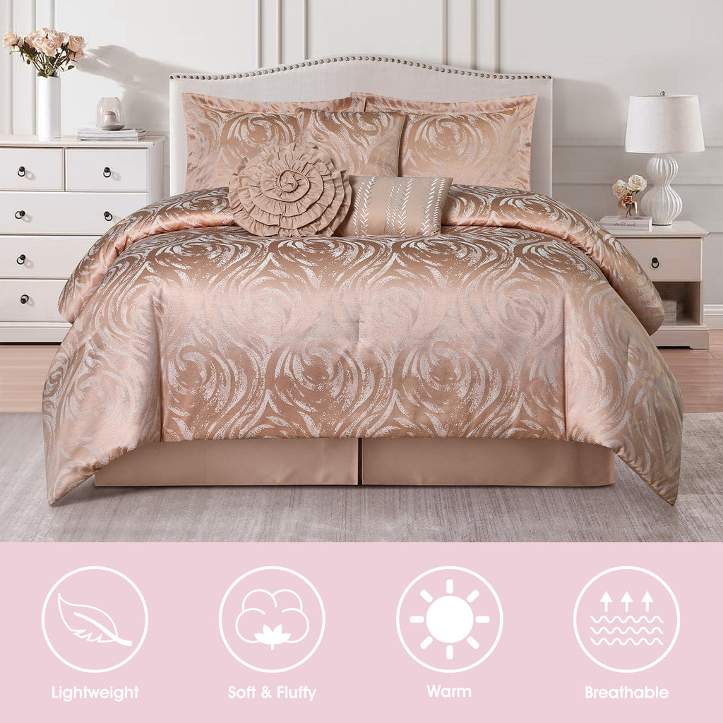 LANCO MODERN LIFESTYLE Alameda 7 Piece Comforter Set, Elegant Floral Jacquard, Ultra Soft Bed Set for All Seasons, Bed in a Bag with Comforter, Bed Skirt, Pillow Shams & Decor Pillows