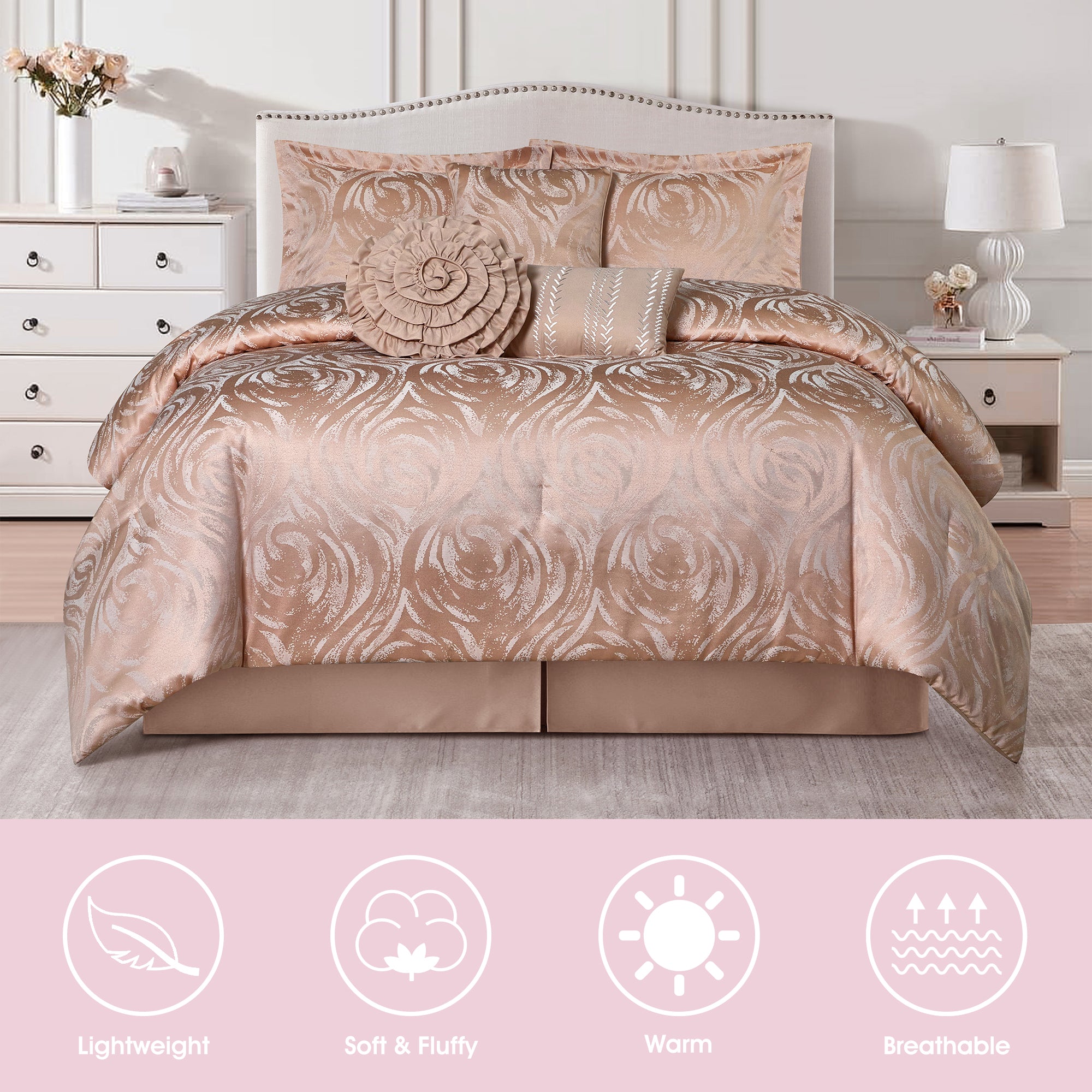 LANCO MODERN LIFESTYLE Alameda 7 Piece Comforter Set, Elegant Floral Jacquard, Ultra Soft Bed Set for All Seasons, Bed in a Bag with Comforter, Bed Skirt, Pillow Shams & Decor Pillows