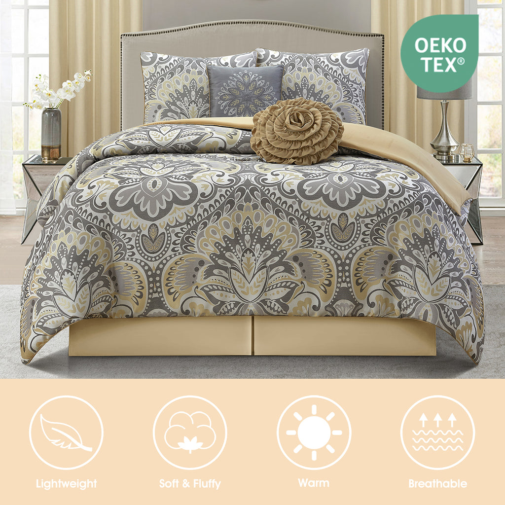 LANCO MODERN LIFESTYLE Grey Yellow 8 Piece Comforter Set, Elegant Floral Jacquard, Ultra Soft Bed Set for All Seasons, Room in a Bag, Include Curtains, Bed Skirt, Pillow Shams & Decor Pillows