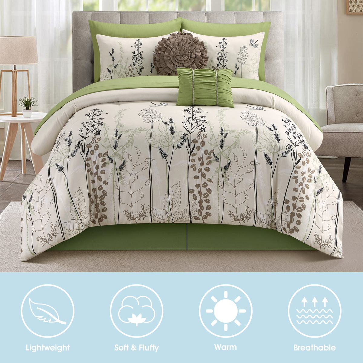 LANCO MODERN LIFESTYLE 10 Piece Comforter Set, Green White, Microfiber Print Leaves Patterns, All Seasons Bedding Set with Sheets, Pillow Cases and Shams, Bedskirt, Decor Pillows
