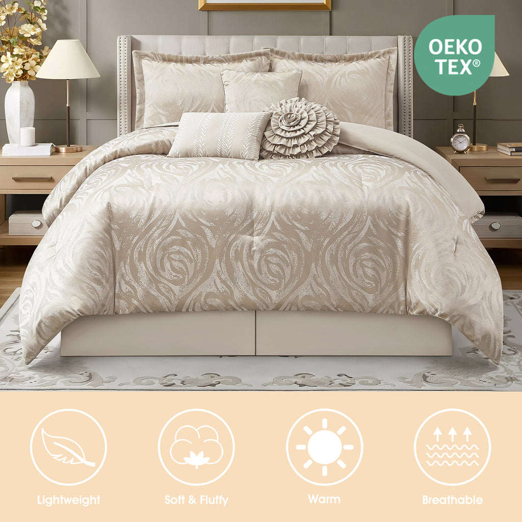 LANCO MODERN LIFESTYLE Alameda 7 Piece Comforter Set, Elegant Floral Jacquard, Ultra Soft Bed Set for All Seasons, Bed in a Bag with Comforter, Bed Skirt, Pillow Shams & Decor Pillows