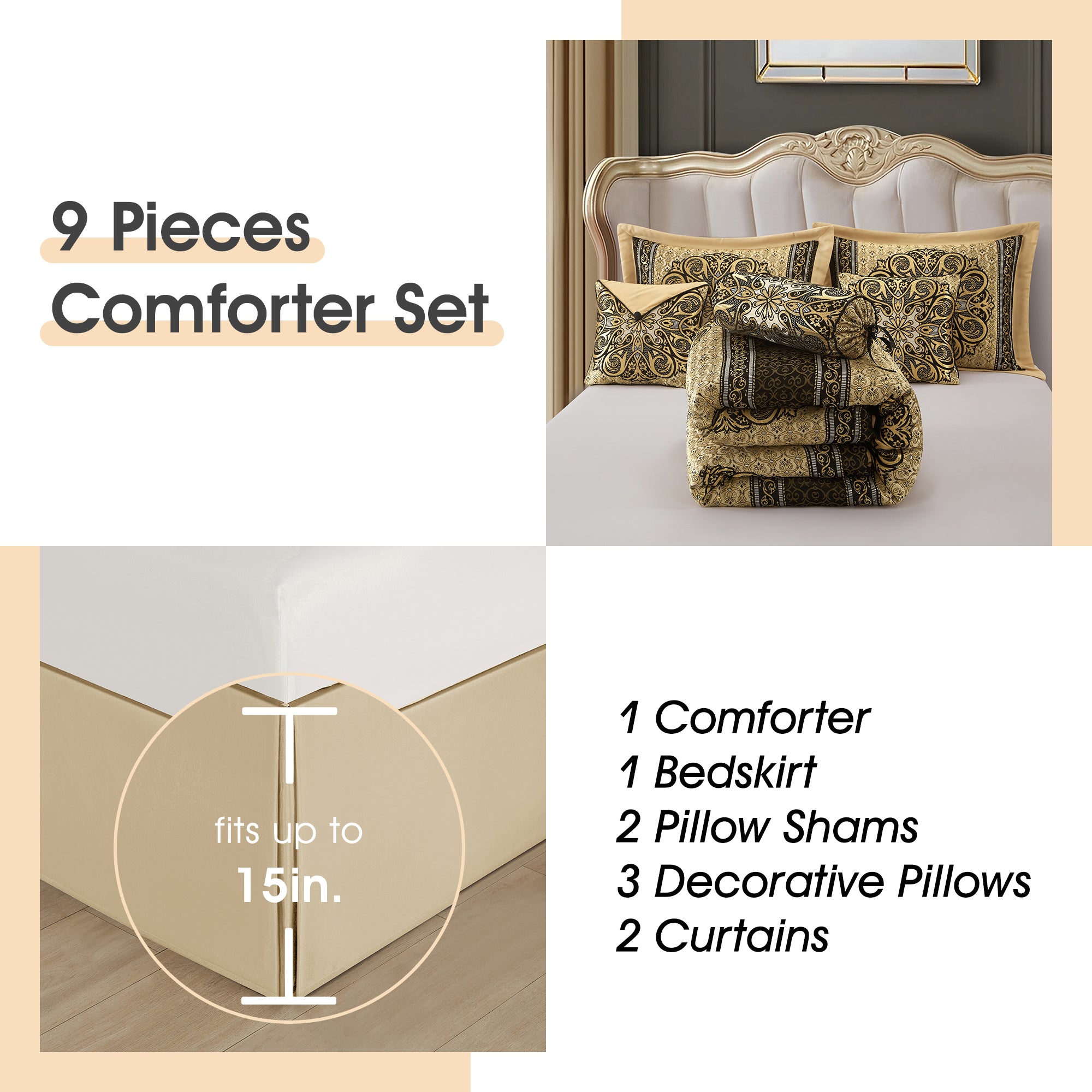 LANCO MODERN LIFESTYLE King Comforter Set, Black Gold Medallion Jacquard Design, Luxurious Bohemian 9 Pieces Bedding Set with Curtains, Decorative Pillows and Bed Skirt