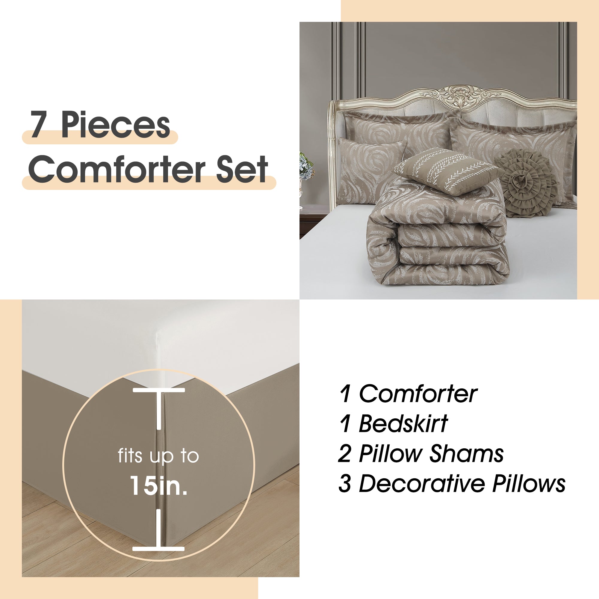 LANCO MODERN LIFESTYLE Alameda 7 Piece Comforter Set, Elegant Floral Jacquard, Ultra Soft Bed Set for All Seasons, Bed in a Bag with Comforter, Bed Skirt, Pillow Shams & Decor Pillows