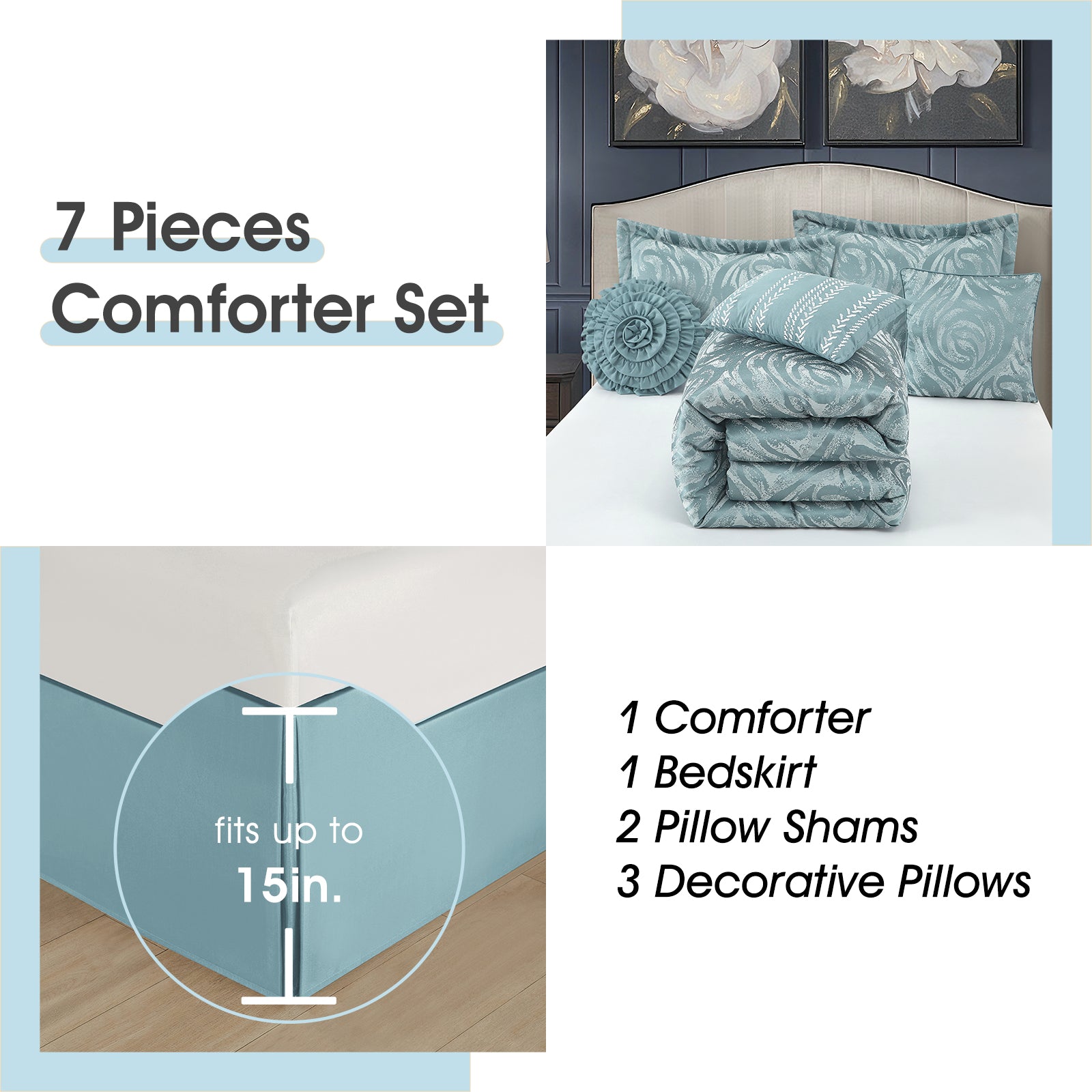 LANCO MODERN LIFESTYLE Alameda 7 Piece Comforter Set, Elegant Floral Jacquard, Ultra Soft Bed Set for All Seasons, Bed in a Bag with Comforter, Bed Skirt, Pillow Shams & Decor Pillows