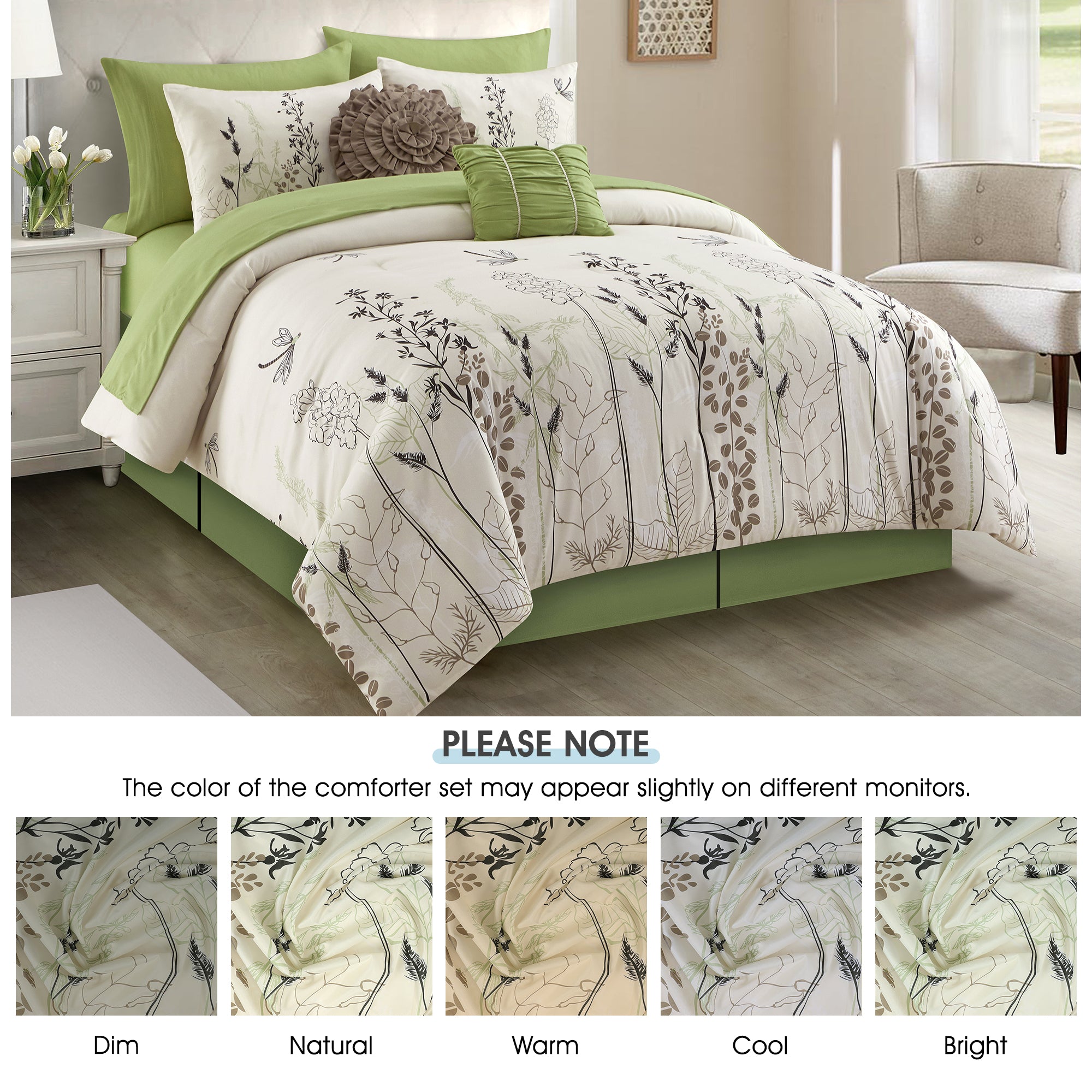LANCO MODERN LIFESTYLE 10 Piece Comforter Set, Green White, Microfiber Print Leaves Patterns, All Seasons Bedding Set with Sheets, Pillow Cases and Shams, Bedskirt, Decor Pillows