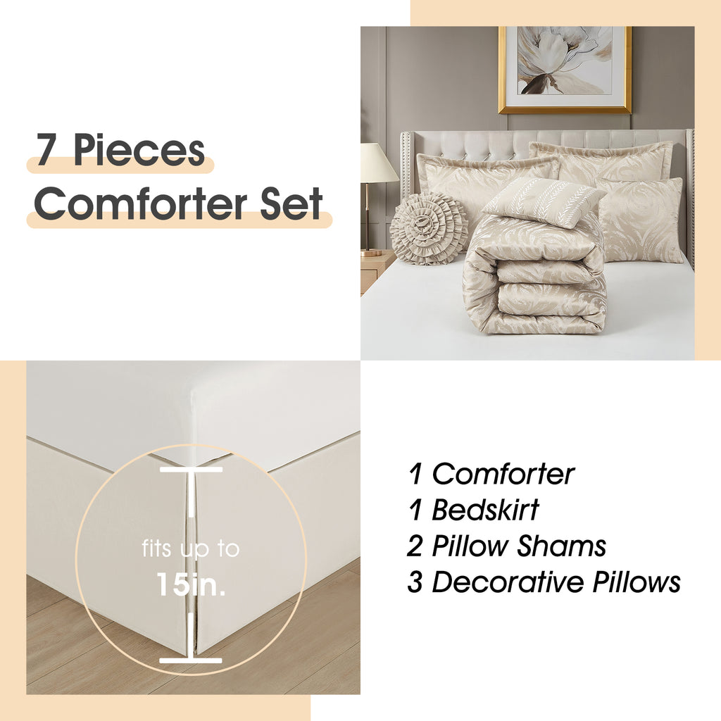 LANCO MODERN LIFESTYLE Alameda 7 Piece Comforter Set, Elegant Floral Jacquard, Ultra Soft Bed Set for All Seasons, Bed in a Bag with Comforter, Bed Skirt, Pillow Shams & Decor Pillows
