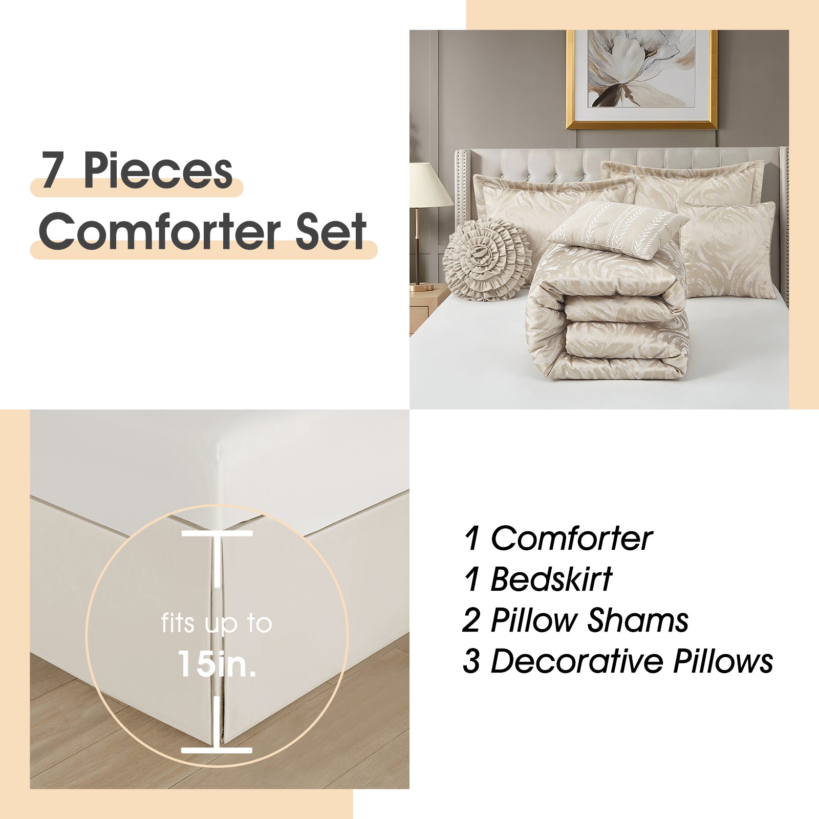 LANCO MODERN LIFESTYLE Alameda 7 Piece Comforter Set, Elegant Floral Jacquard, Ultra Soft Bed Set for All Seasons, Bed in a Bag with Comforter, Bed Skirt, Pillow Shams & Decor Pillows