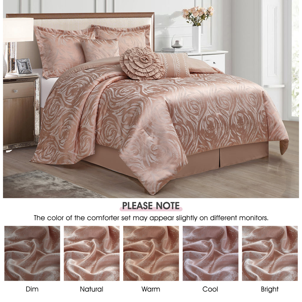LANCO MODERN LIFESTYLE Alameda 7 Piece Comforter Set, Elegant Floral Jacquard, Ultra Soft Bed Set for All Seasons, Bed in a Bag with Comforter, Bed Skirt, Pillow Shams & Decor Pillows